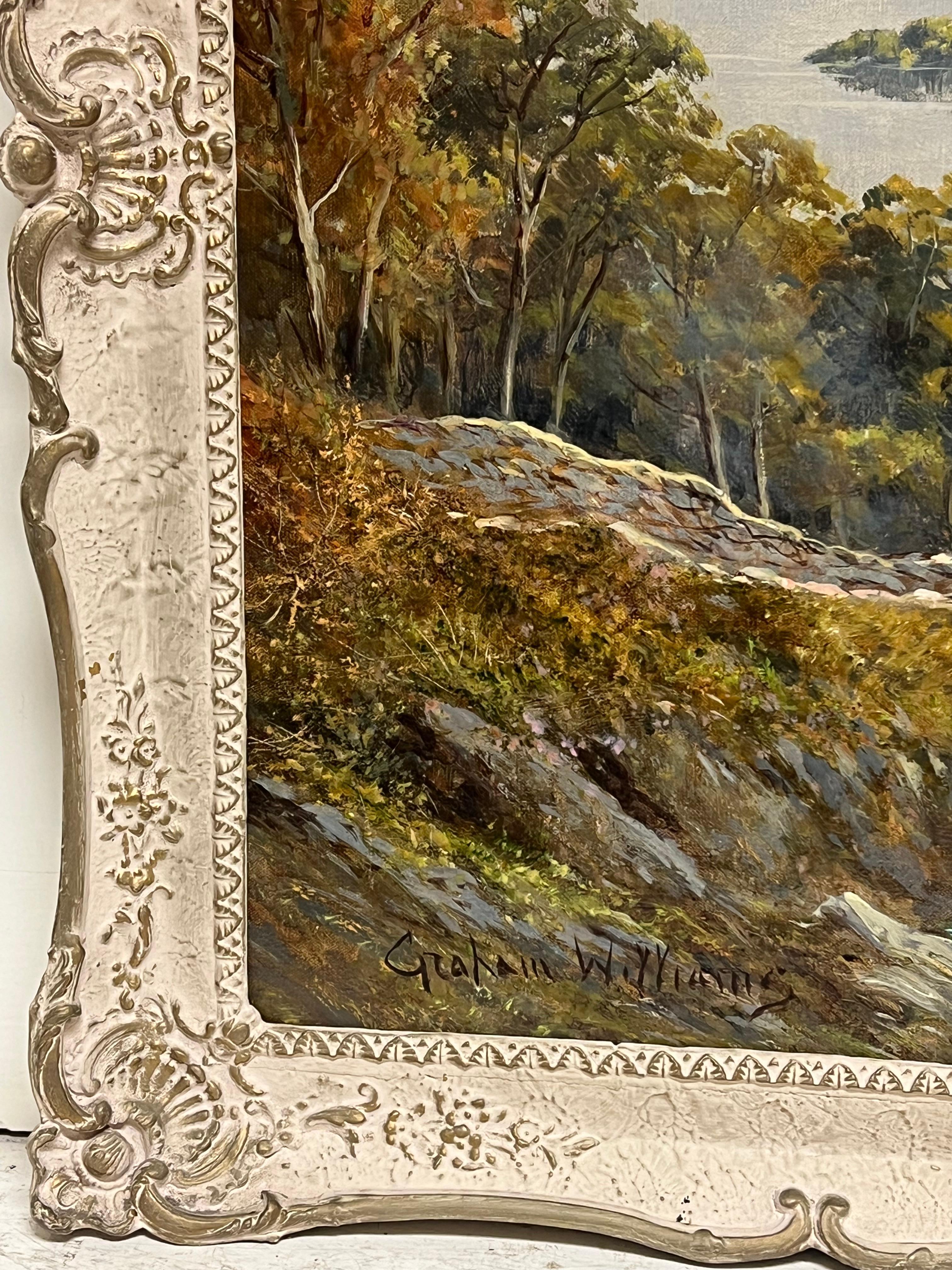 Antiguo cuadro al óleo de paisaje escocés dramático Highland Loch & Bridge en venta 5