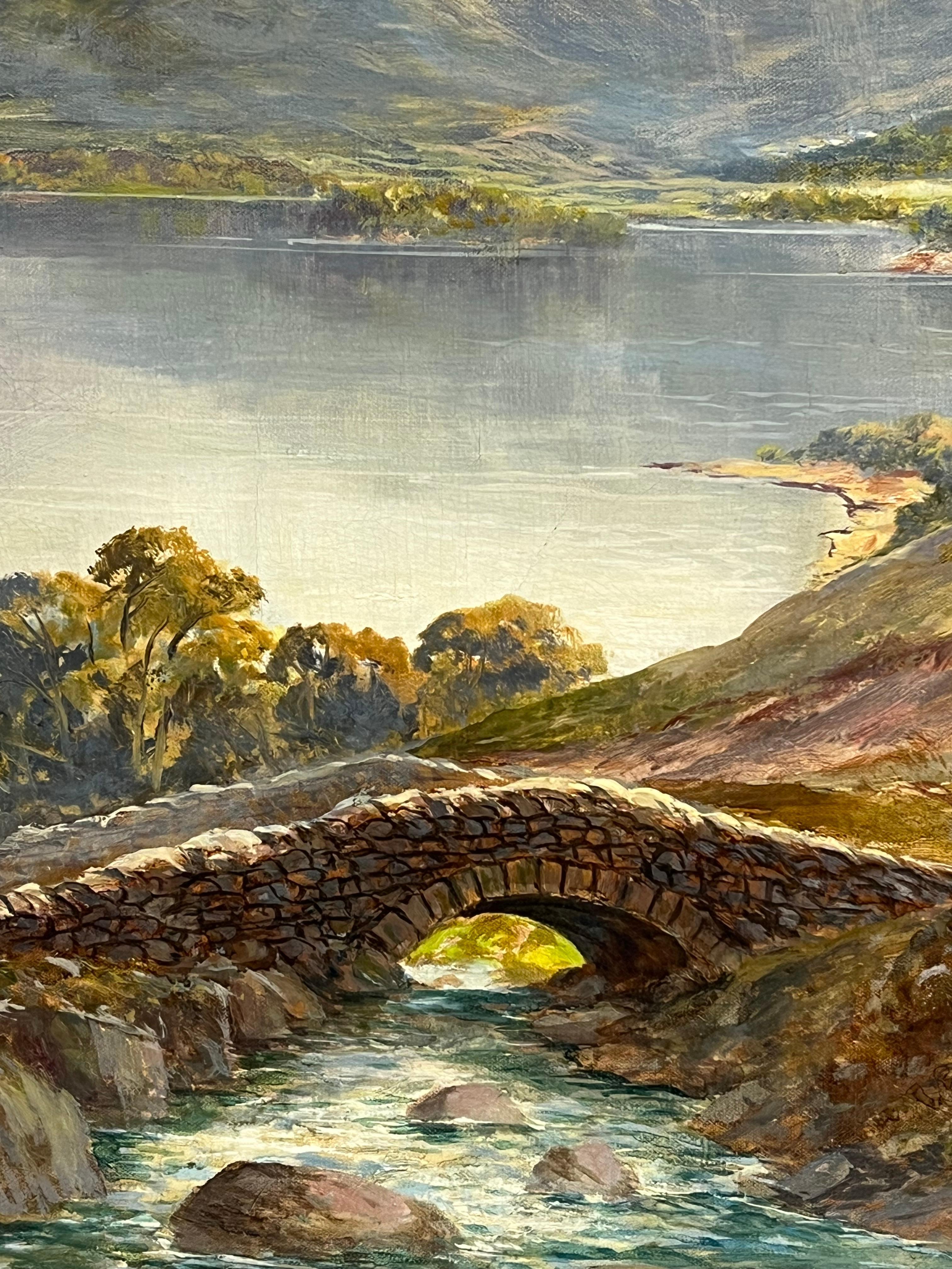 Antiguo cuadro al óleo de paisaje escocés dramático Highland Loch & Bridge en venta 8