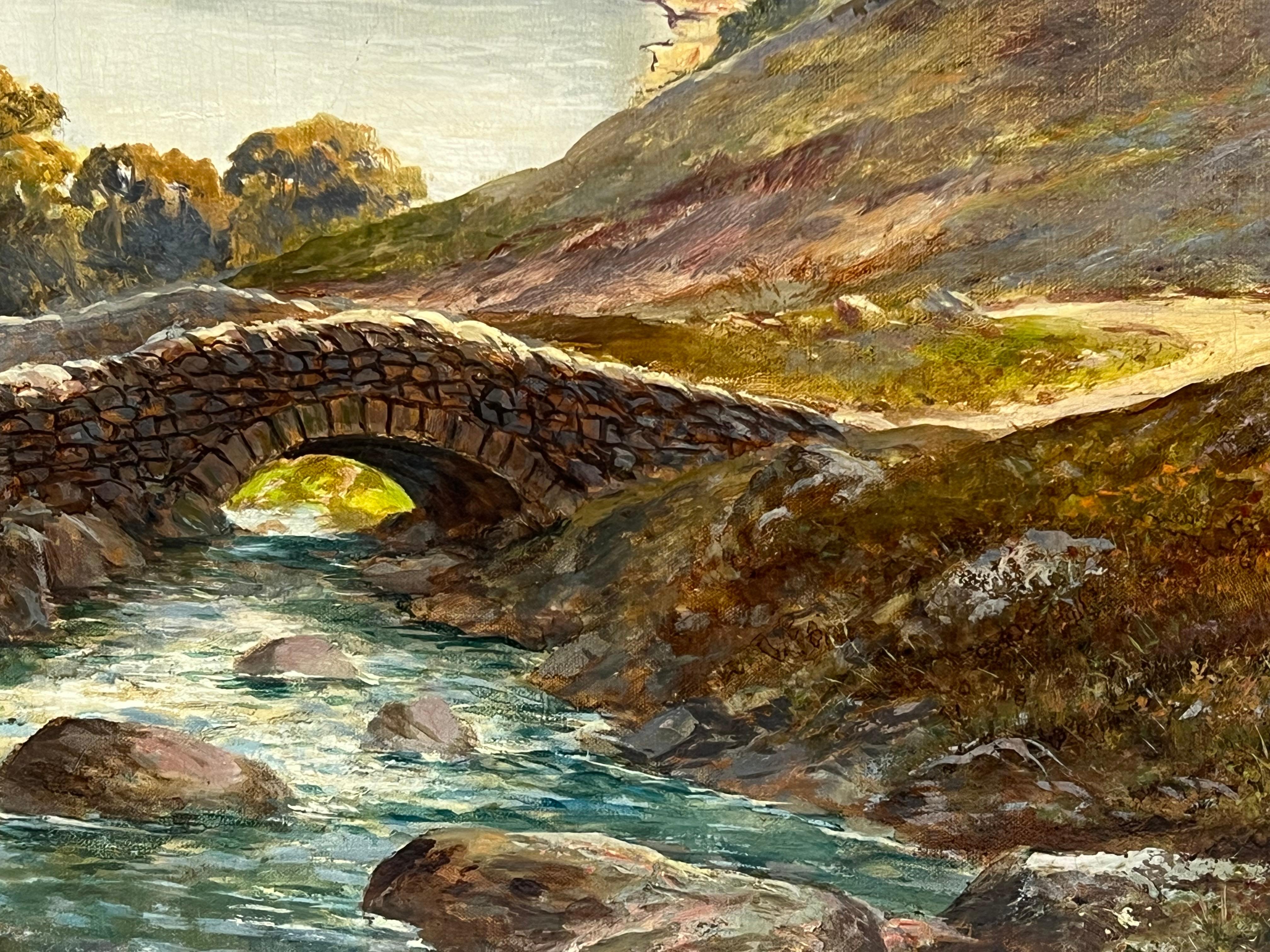 Antiguo cuadro al óleo de paisaje escocés dramático Highland Loch & Bridge en venta 9