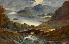 Antiguo cuadro al óleo de paisaje escocés dramático Highland Loch & Bridge