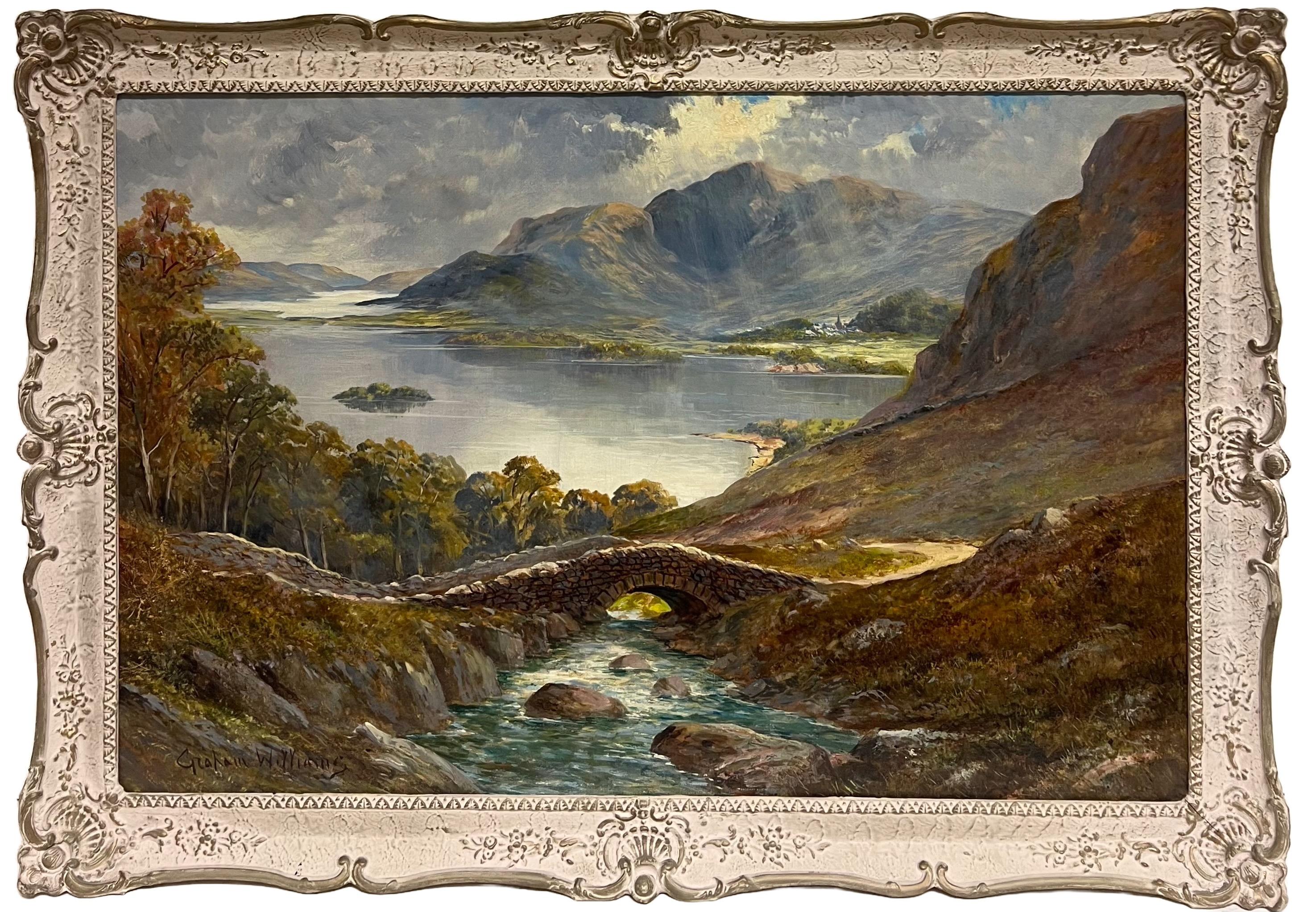 Antiguo cuadro al óleo de paisaje escocés dramático Highland Loch & Bridge - Painting Victoriano de F. E. Jamieson