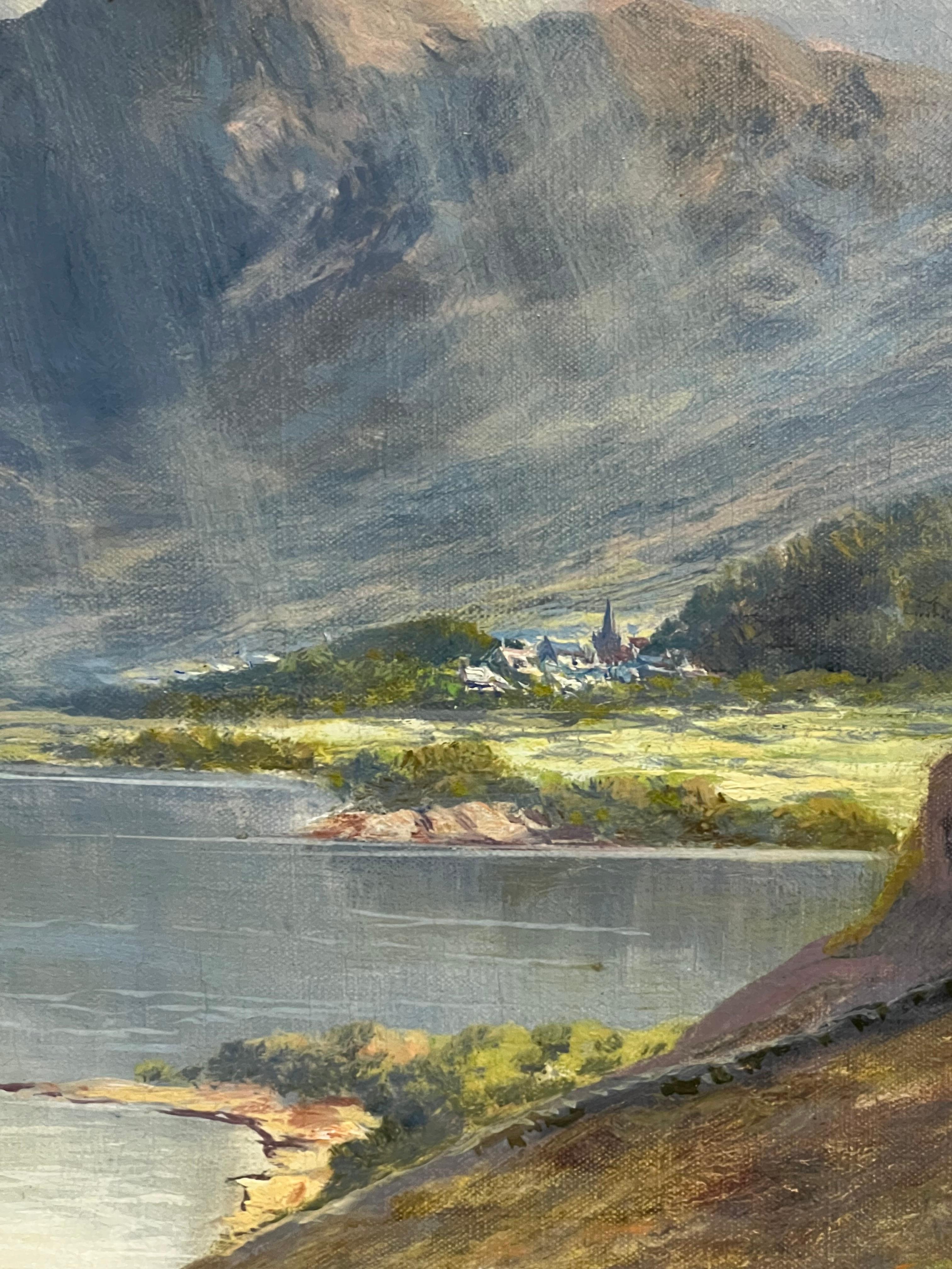Antiguo cuadro al óleo de paisaje escocés dramático Highland Loch & Bridge en venta 1