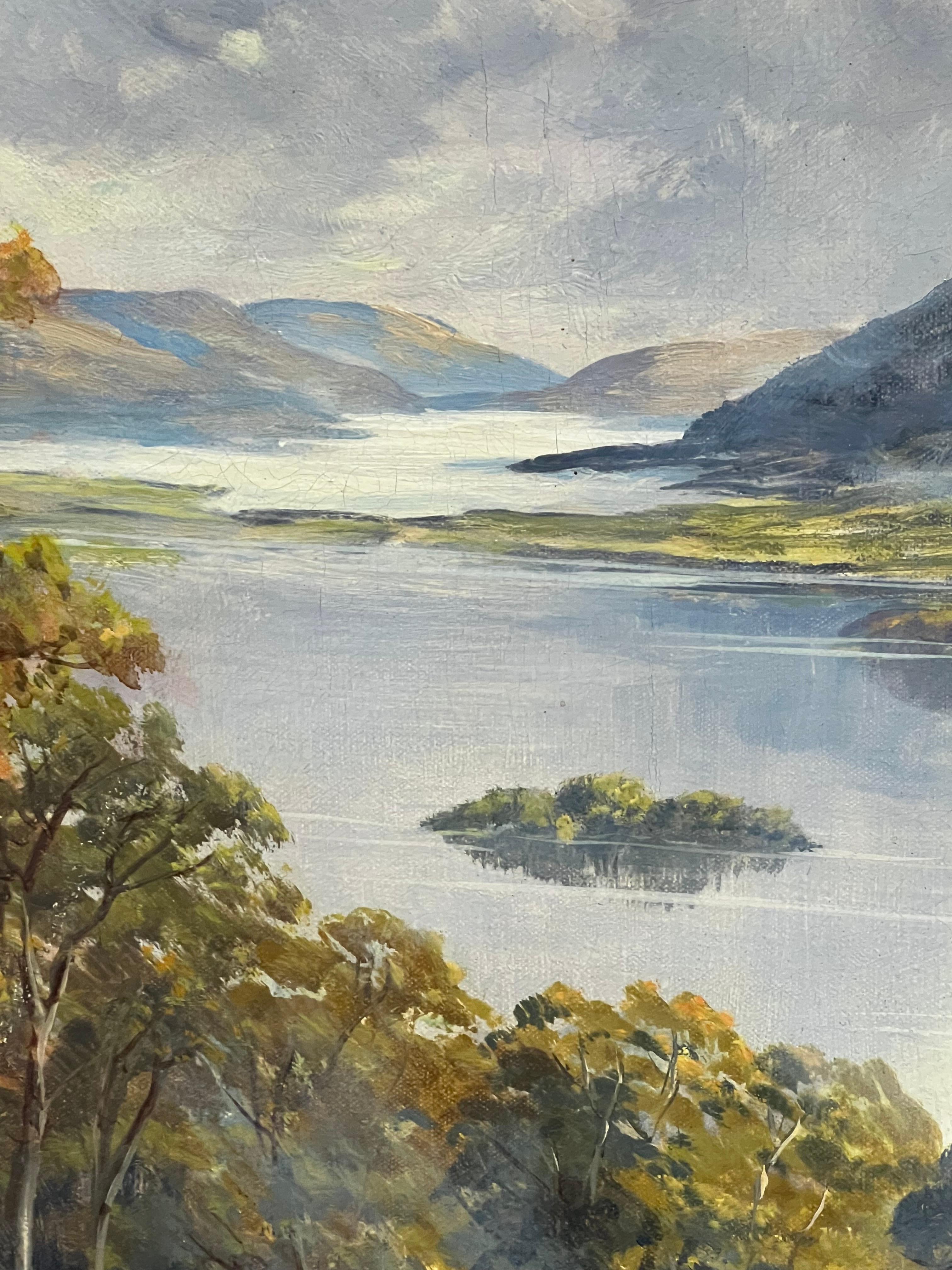 Antiguo cuadro al óleo de paisaje escocés dramático Highland Loch & Bridge en venta 2