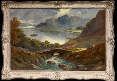 Antiguo cuadro al óleo de paisaje escocés dramático Highland Loch & Bridge