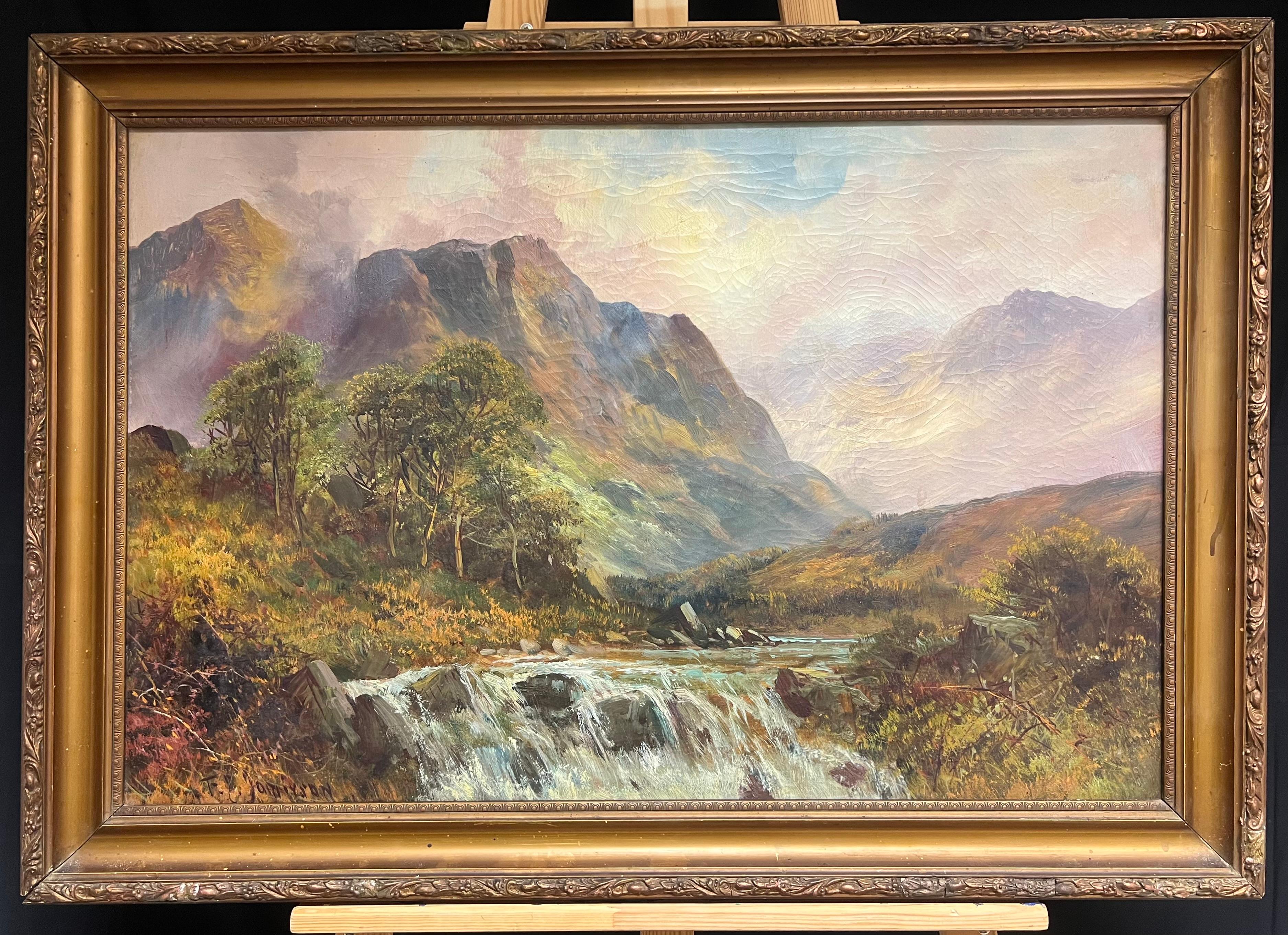 Antikes schottisches Ölgemälde Highland-Wasserfall mit distanzierten Bergen, Ölgemälde – Painting von F. E. Jamieson