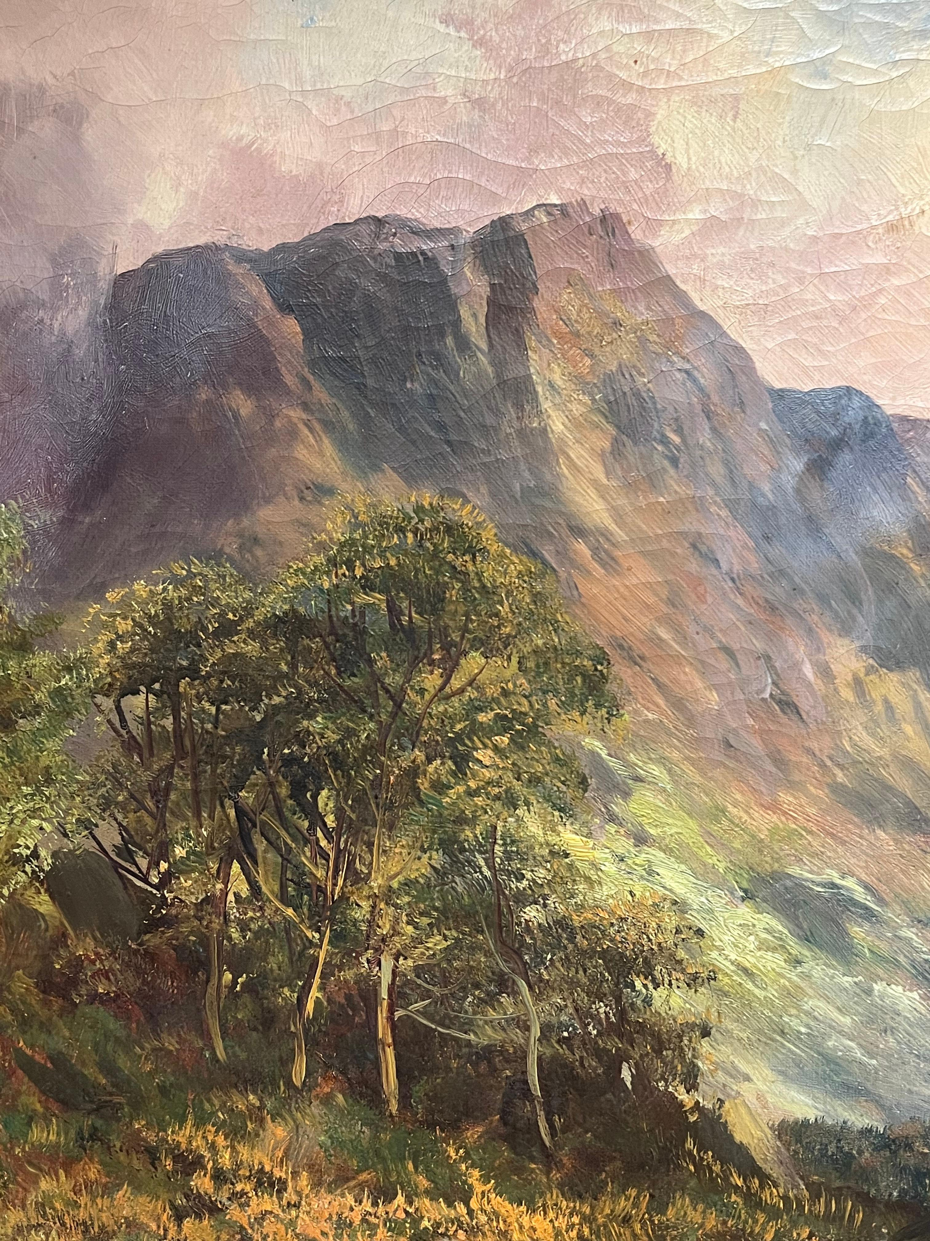 Antikes schottisches Ölgemälde Highland-Wasserfall mit distanzierten Bergen, Ölgemälde (Braun), Landscape Painting, von F. E. Jamieson