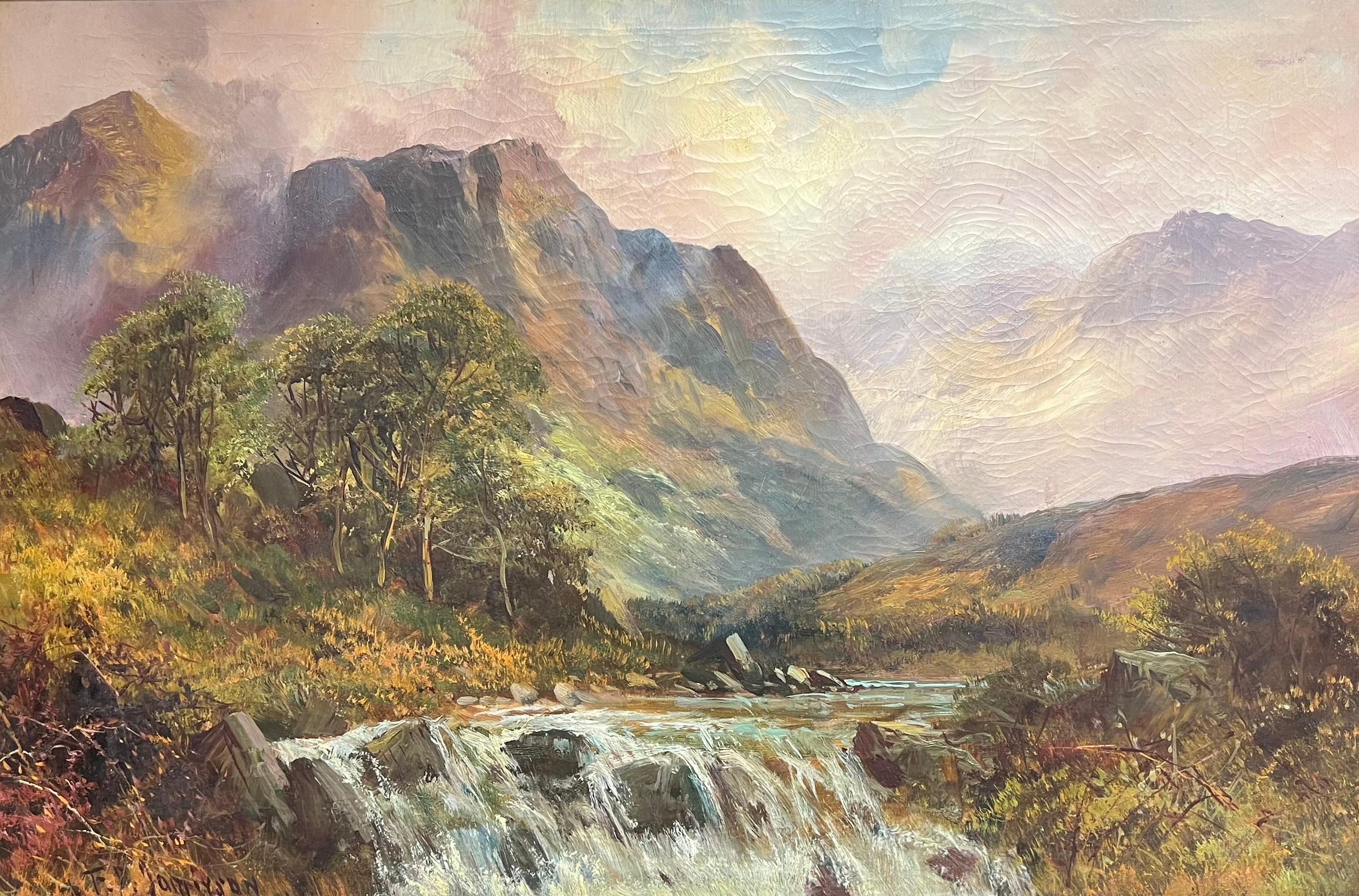 Antikes schottisches Ölgemälde Highland-Wasserfall mit distanzierten Bergen, Ölgemälde