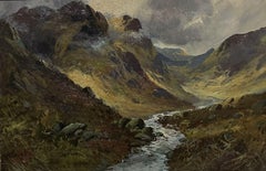 Antique Scottish Oil Painting Glencoe Highland River Landscape Mountain Pass