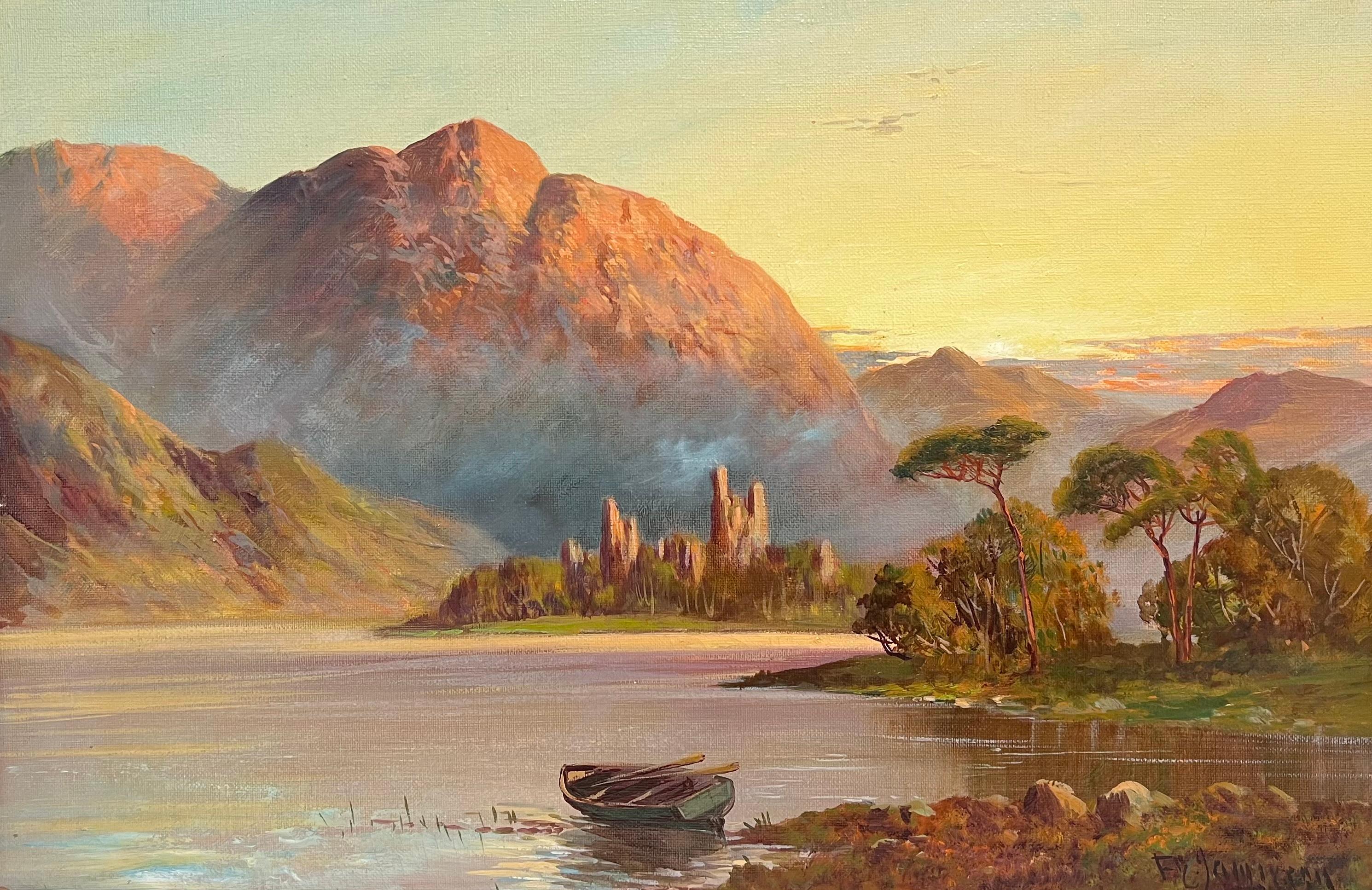 Antiguo Cuadro Escocés Highlands Antiguas Ruinas de Castillo Puesta de Sol sobre el Lago - Painting de F. E. Jamieson