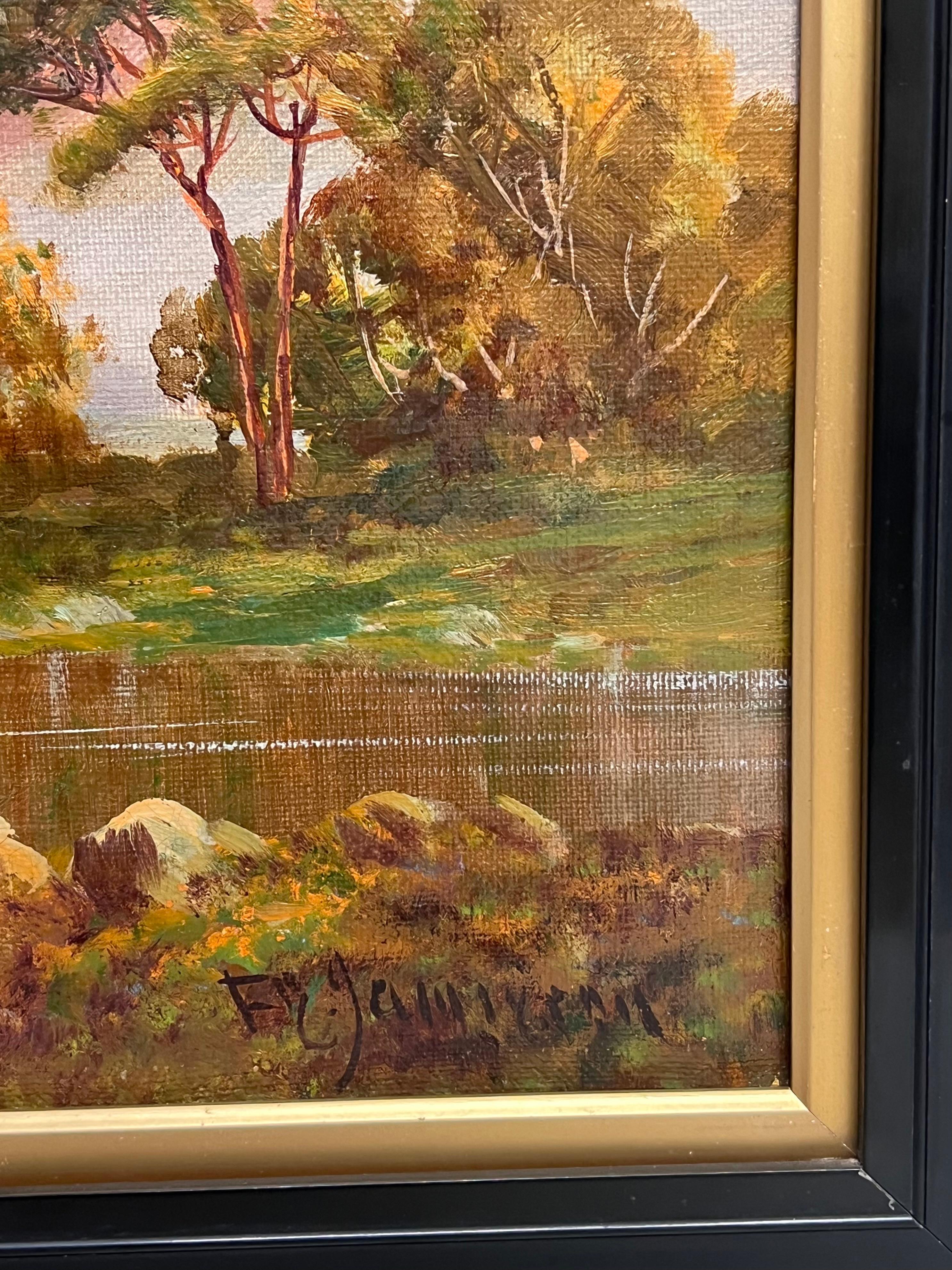 Antiguo Cuadro Escocés Highlands Antiguas Ruinas de Castillo Puesta de Sol sobre el Lago - Painting Victoriano de F. E. Jamieson