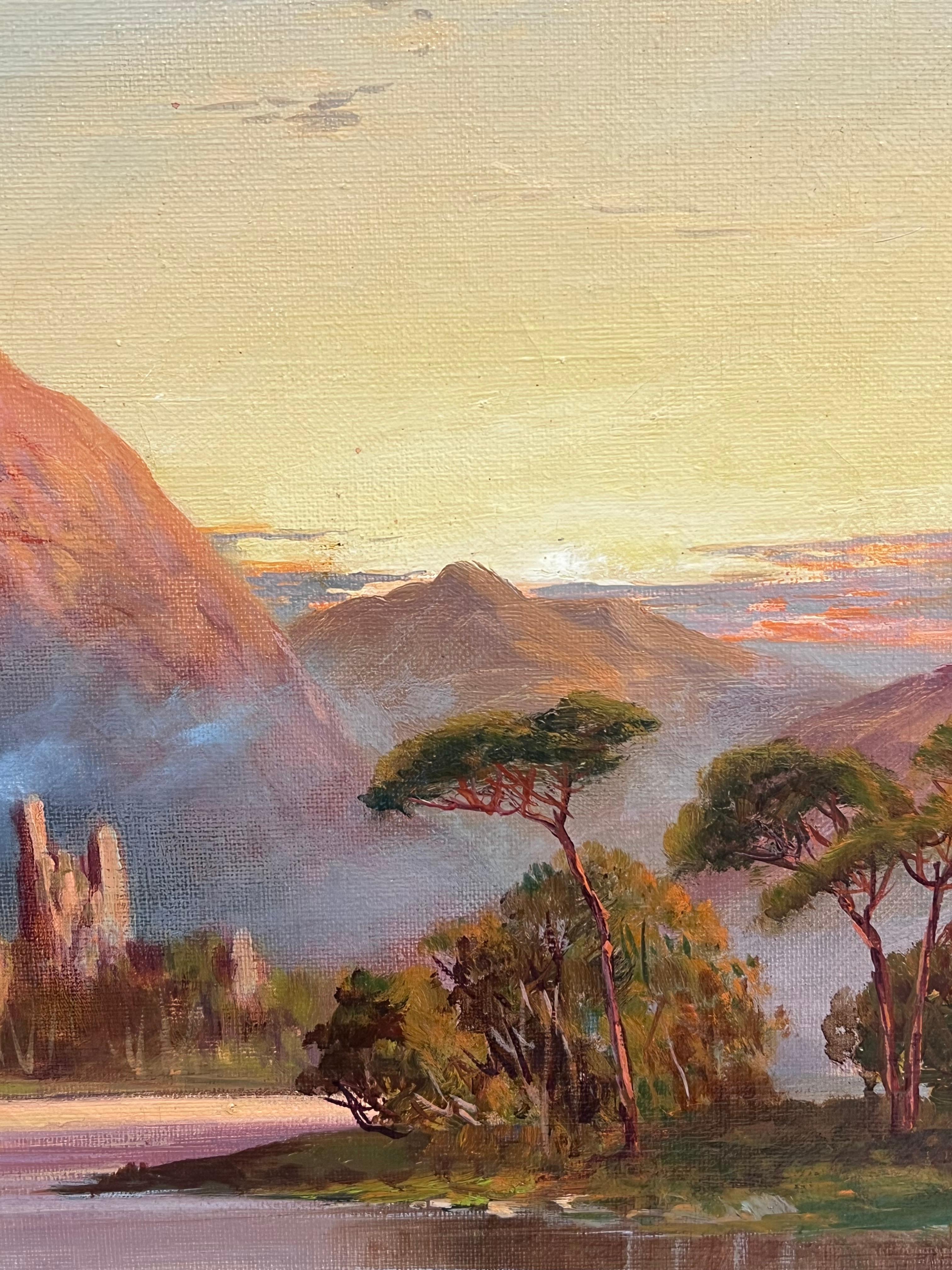 Antiguo Cuadro Escocés Highlands Antiguas Ruinas de Castillo Puesta de Sol sobre el Lago - Landscape Painting Negro de F. E. Jamieson