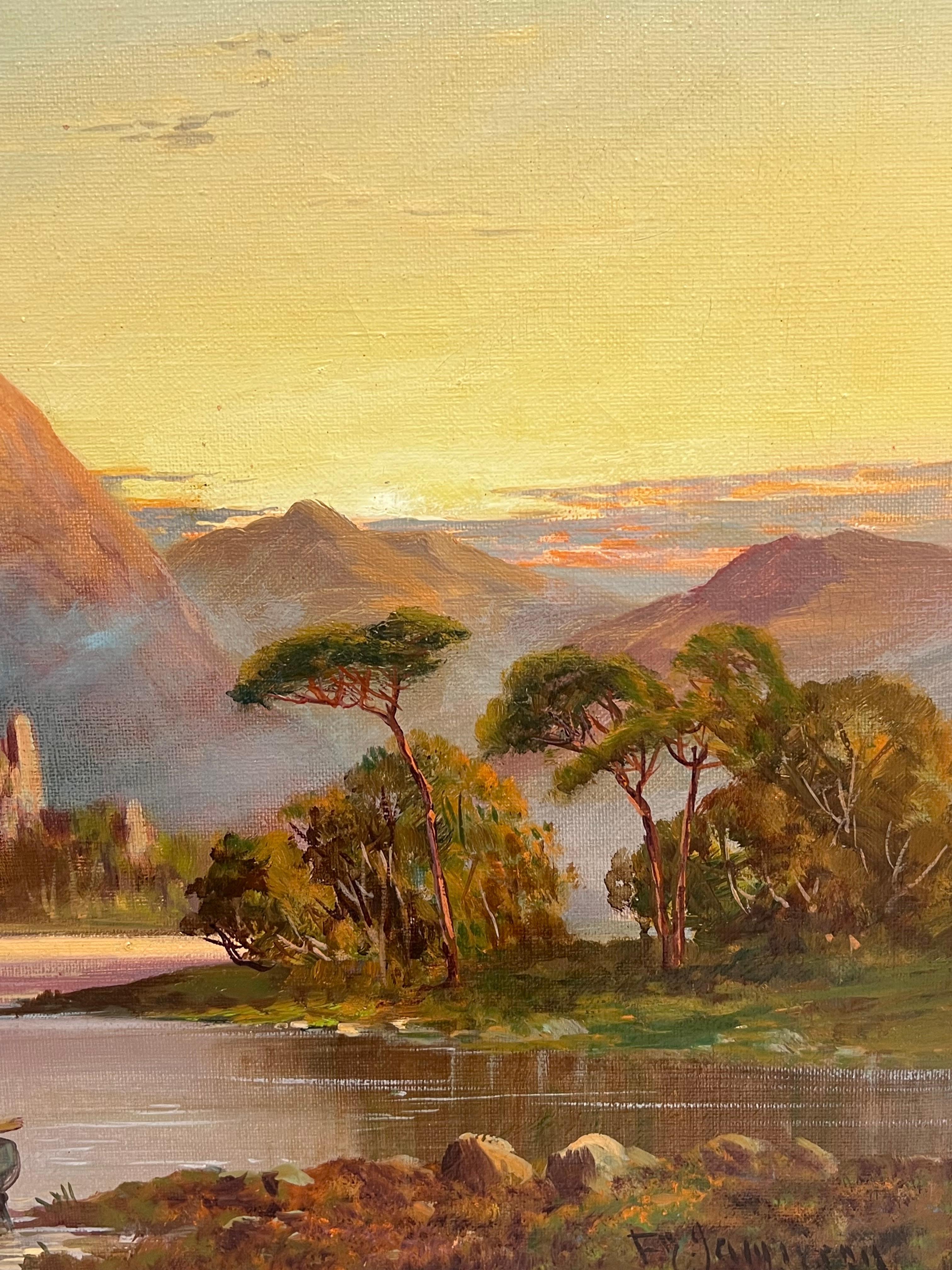 Antiguo Cuadro Escocés Highlands Antiguas Ruinas de Castillo Puesta de Sol sobre el Lago en venta 1