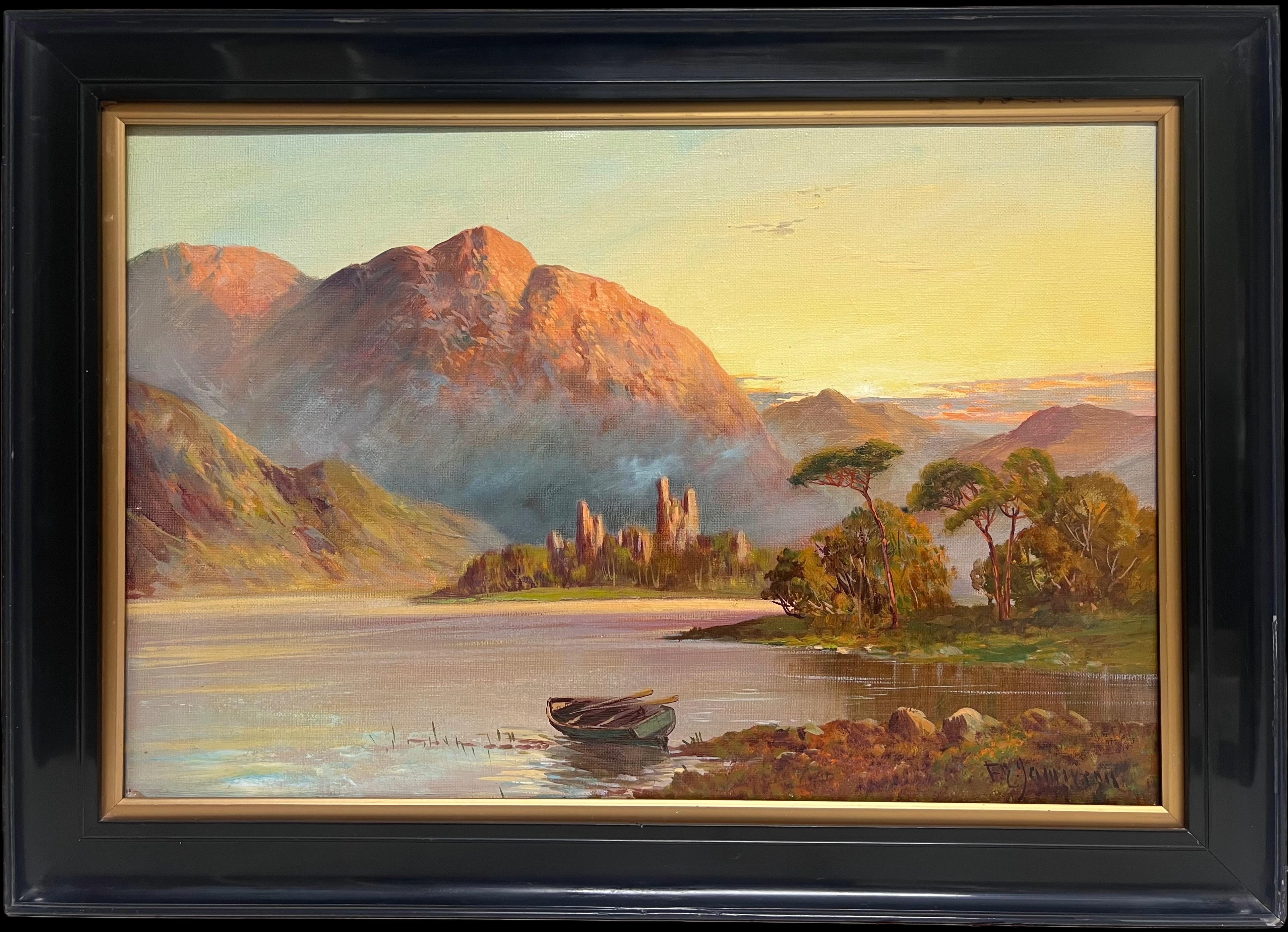 Landscape Painting de F. E. Jamieson - Antiguo Cuadro Escocés Highlands Antiguas Ruinas de Castillo Puesta de Sol sobre el Lago