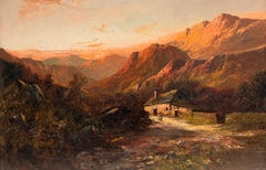 Antigua Pintura al Óleo Paisaje de las Tierras Altas de Gales Atardecer Dorado Cálido Cabaña