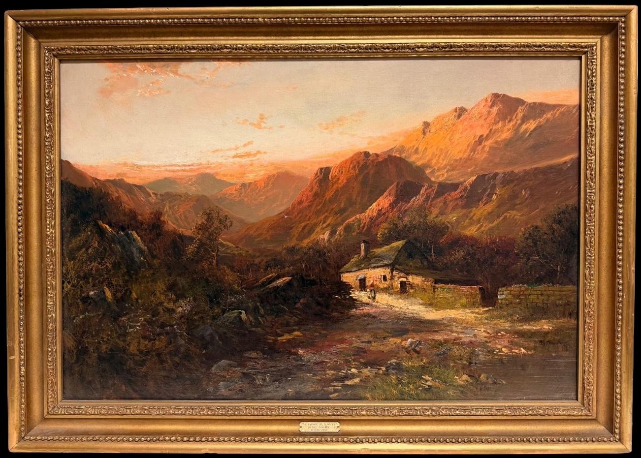 Antique Welsh Highland Landscape Oil Painting Golden Warm Sunset Cottage