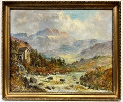 Fine Antique Scottish Highlands Oil Painting Old Watermill River Landscape