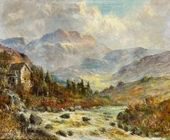 Fine Antique Scottish Highlands Oil Painting Old Watermill River Landscape