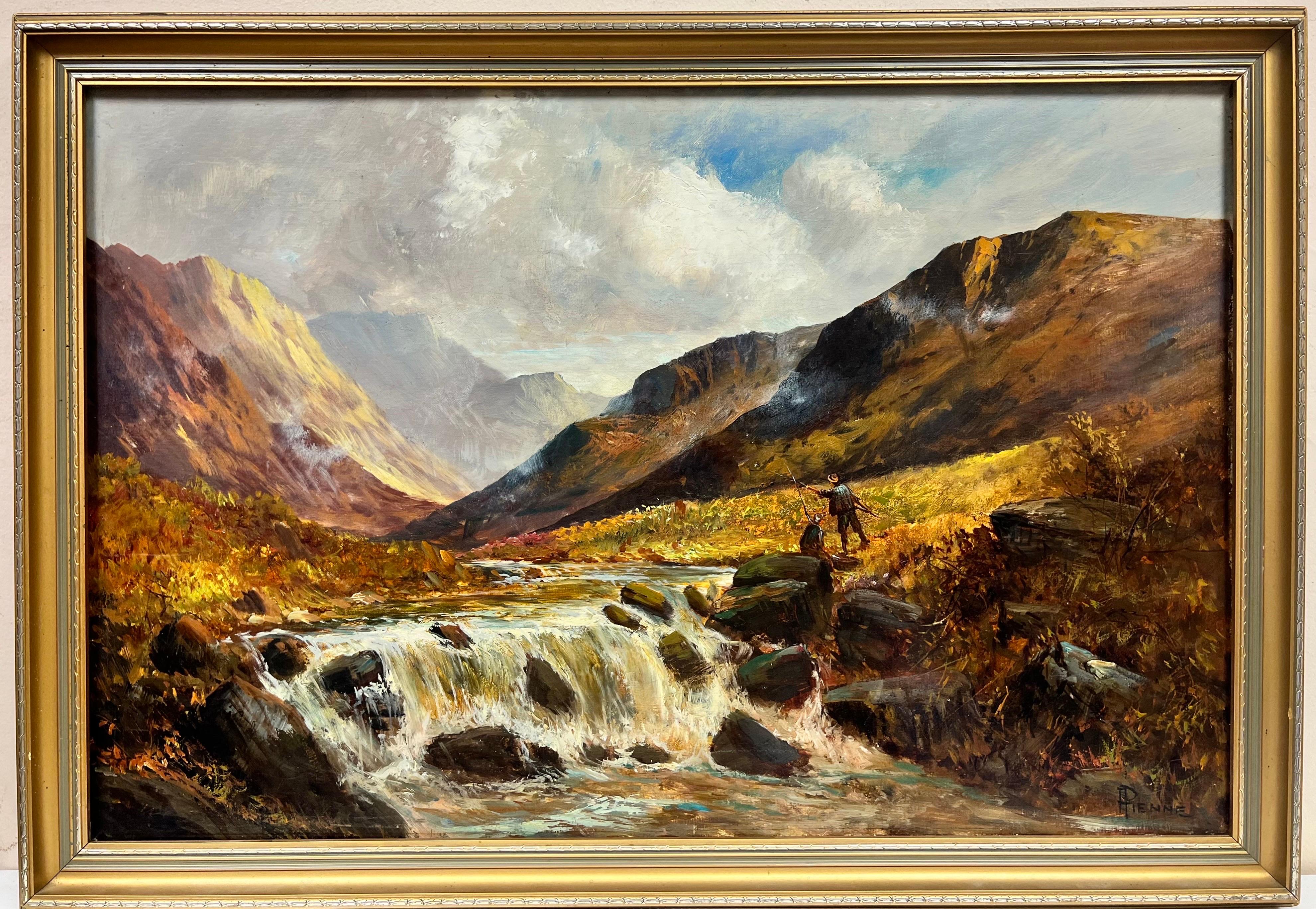 Antikes schottisches Ölgemälde, Angler in Highland River Landscape, signiert – Painting von F. E. Jamieson