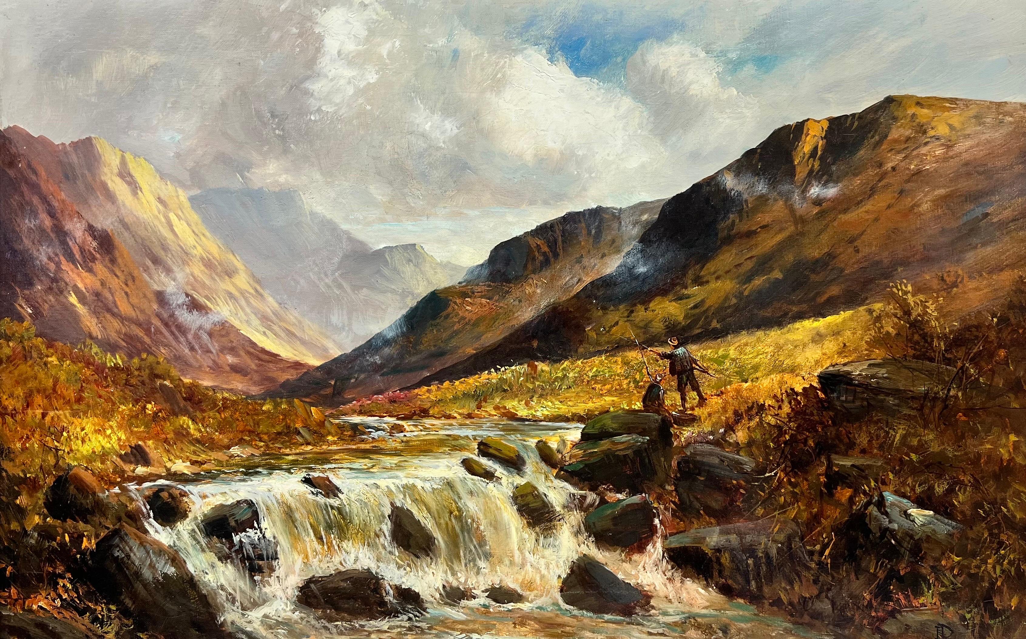 F. E. Jamieson Landscape Painting – Antikes schottisches Ölgemälde, Angler in Highland River Landscape, signiert