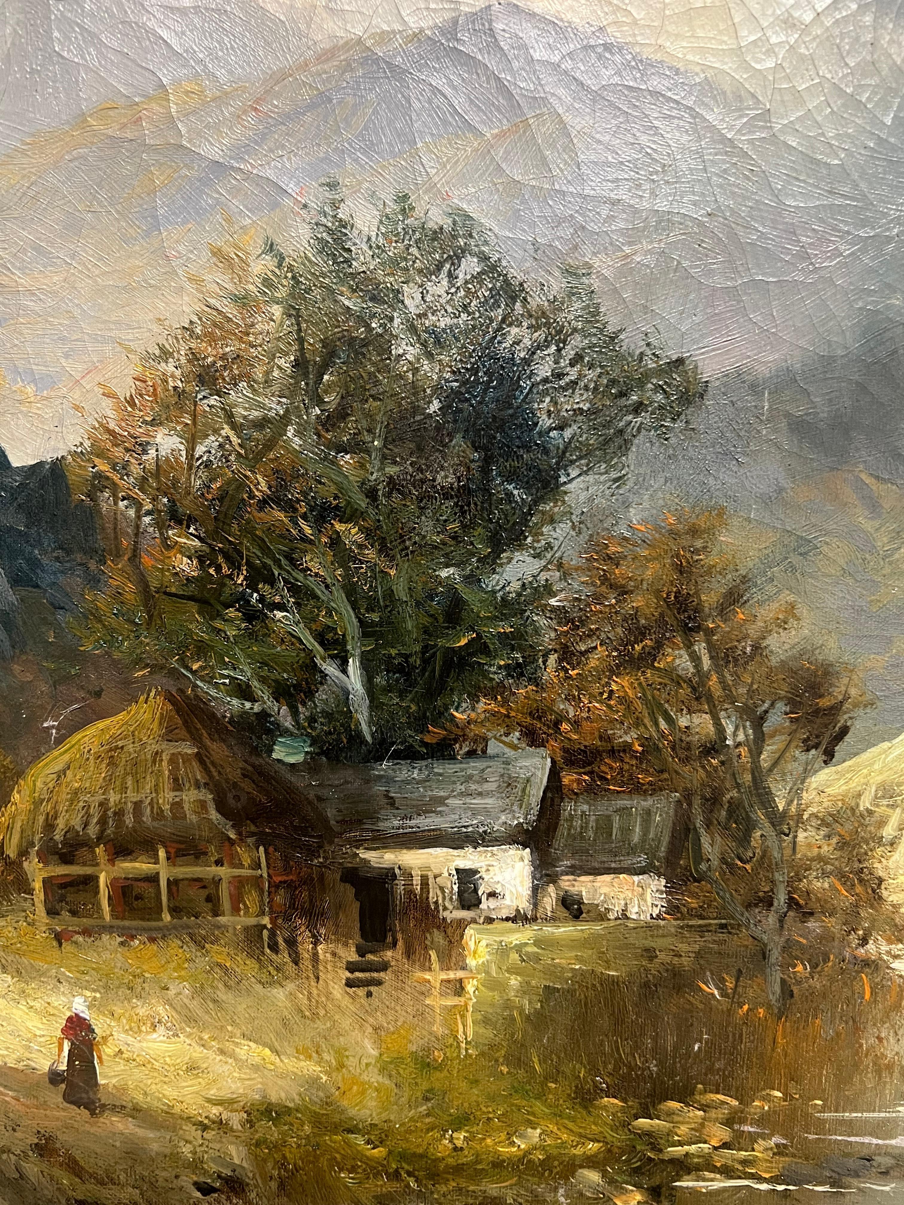 Highland Loch Cottage Majestic Antico paesaggio scozzese dipinto a olio - Painting Vittoriano di F. E. Jamieson