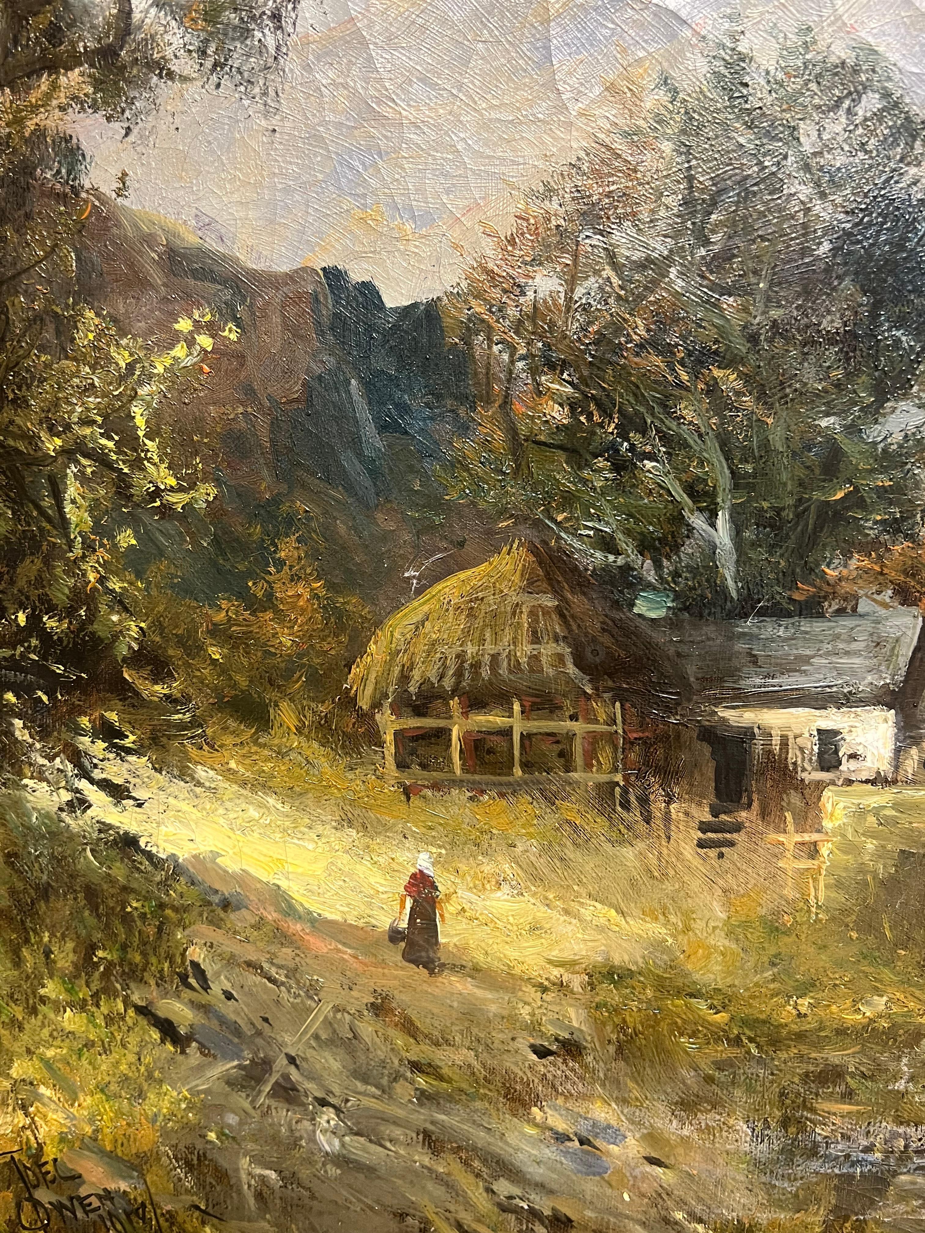 Highland Loch Cottage Majestic Antico paesaggio scozzese dipinto a olio - Landscape Painting Marrone di F. E. Jamieson