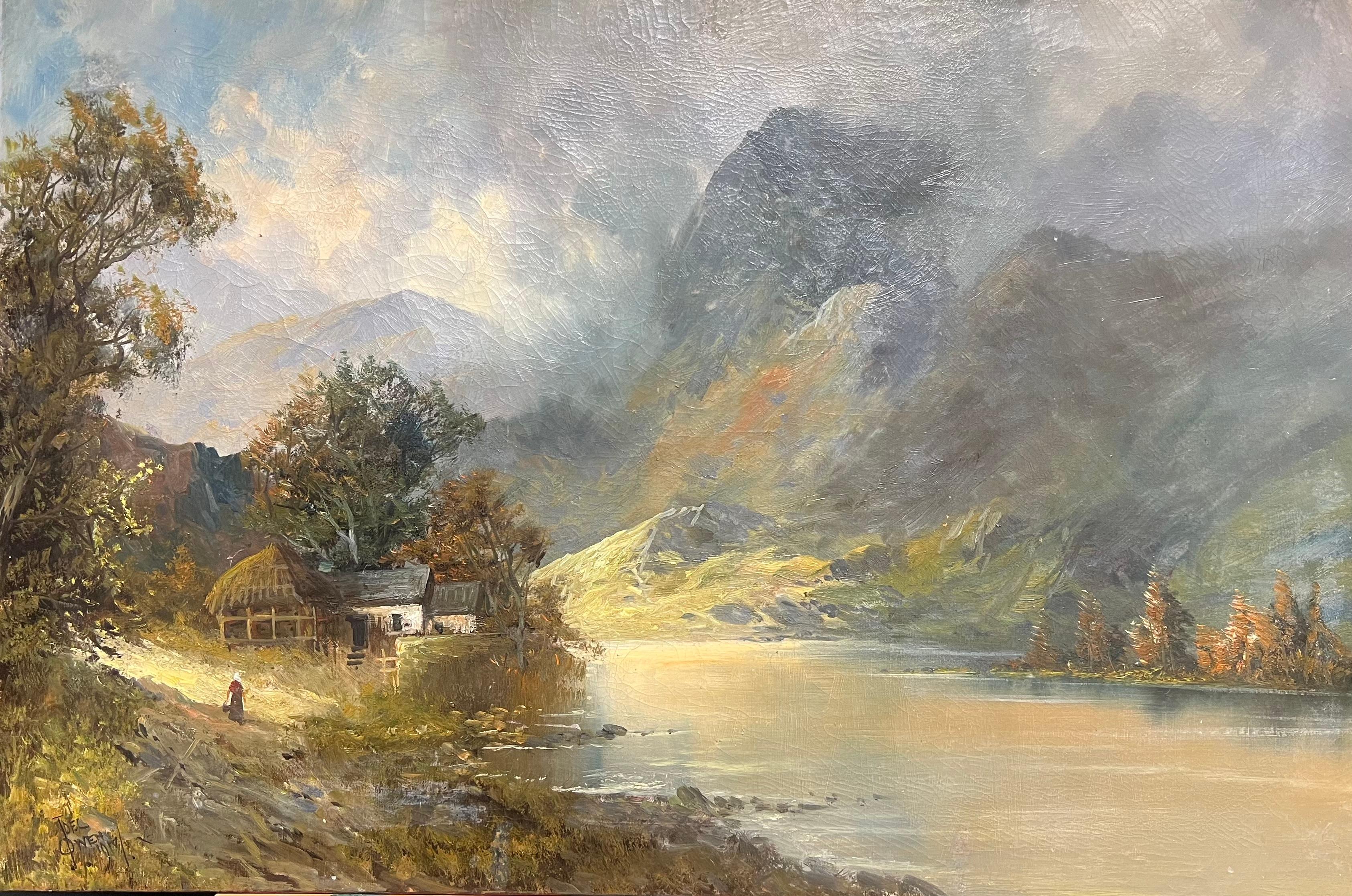 Landscape Painting di F. E. Jamieson - Highland Loch Cottage Majestic Antico paesaggio scozzese dipinto a olio