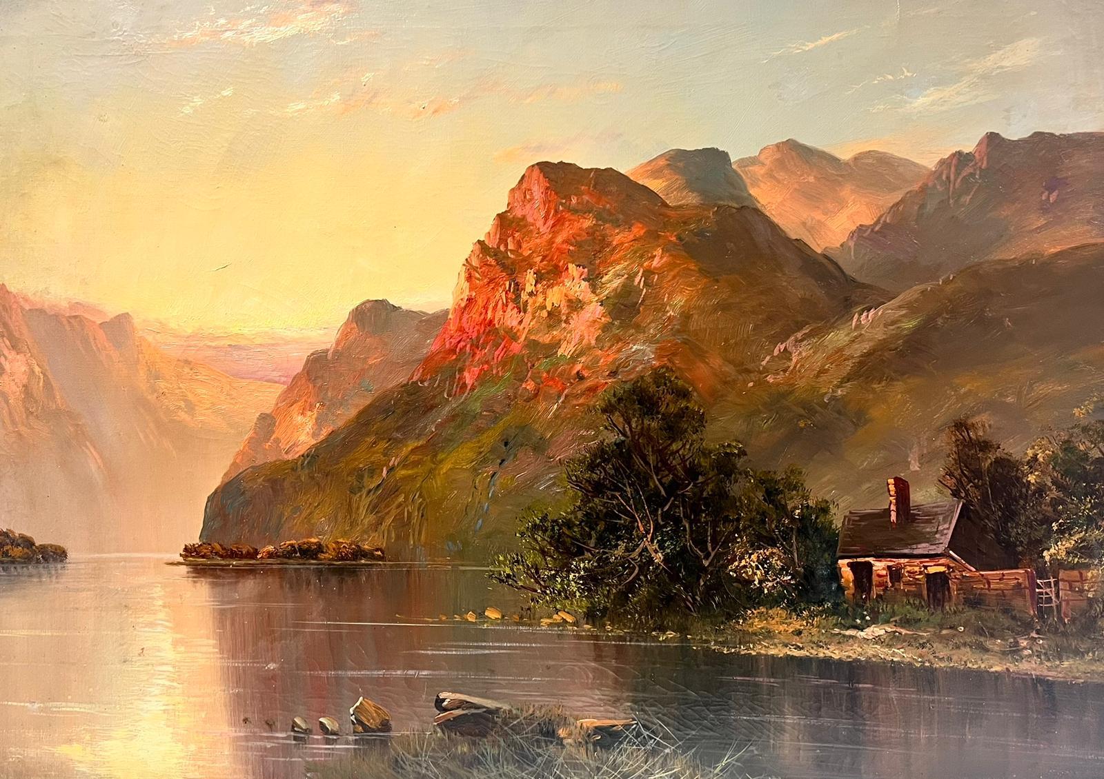 Majestic Scottish Highlands Sunset over Loch Scene & Cottage Antique Oil - Painting by F. E. Jamieson