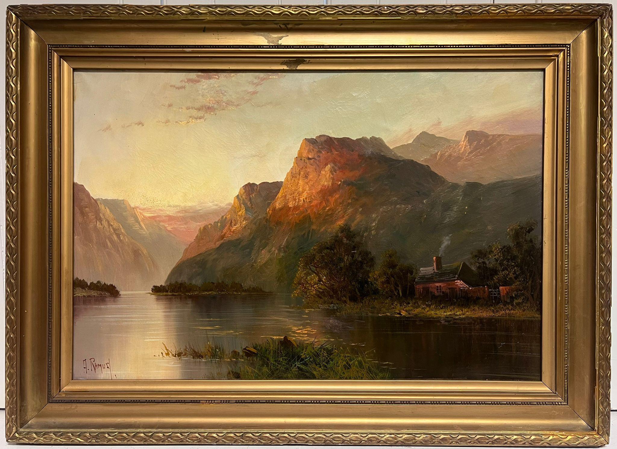 Maestoso tramonto sulle Highlands scozzesi con scena sul lago e cottage Olio antico - Painting di F. E. Jamieson