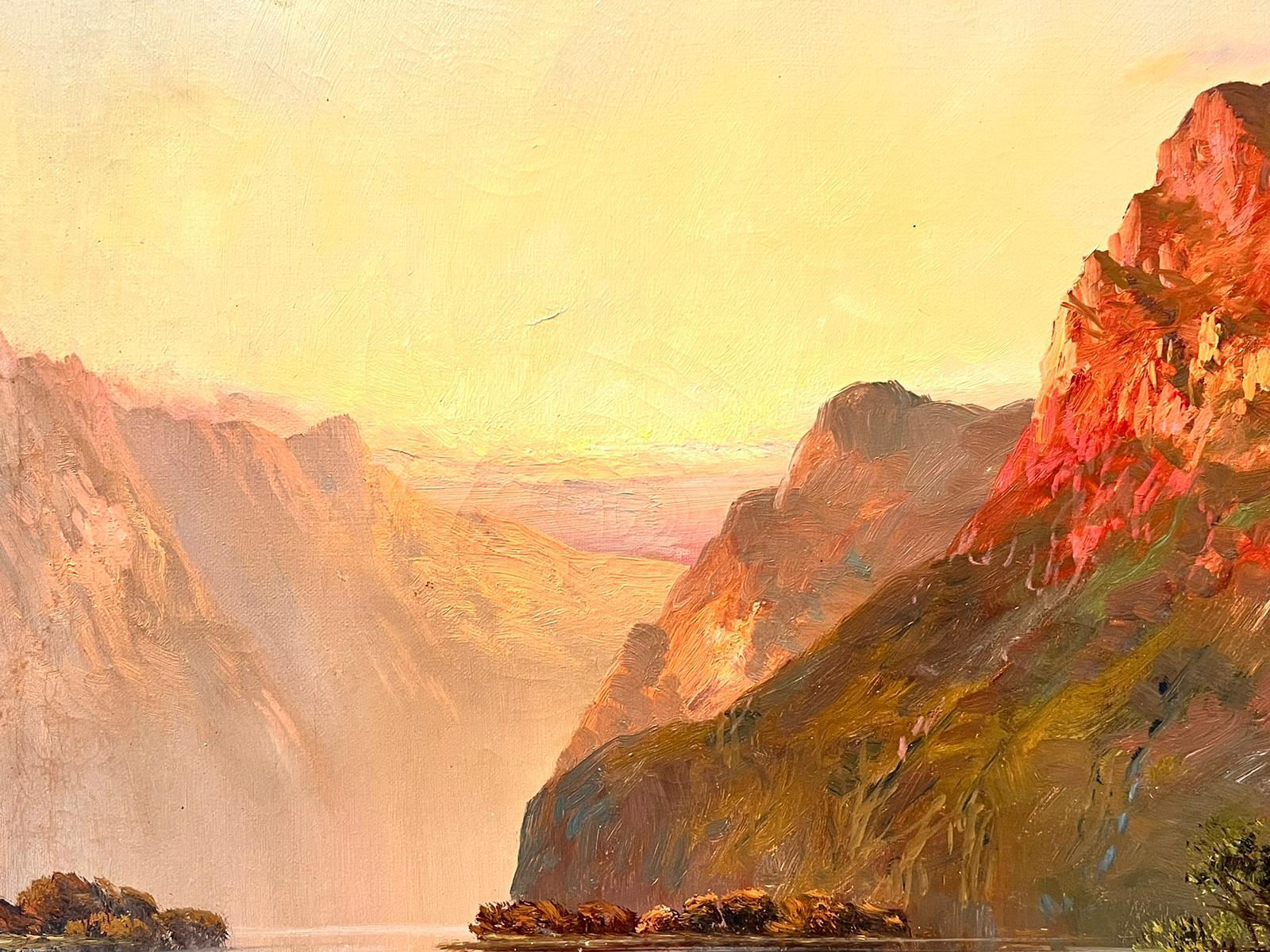 Majestic Scottish Highlands Sunset over Loch Scene & Cottage Antique Oil - Brown Landscape Painting by F. E. Jamieson