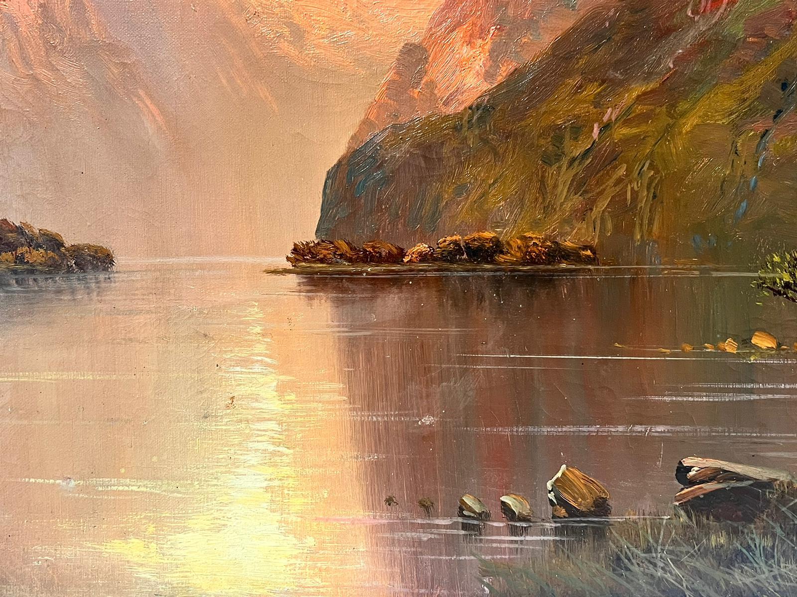 Majestic Scottish Highlands Sunset over Loch Scene & Cottage Antique Oil For Sale 1