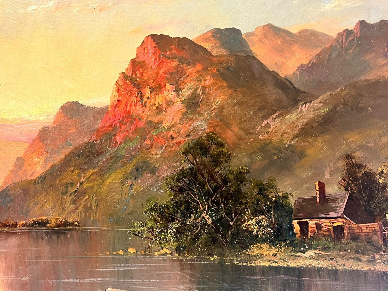 Majestic Scottish Highlands Sunset over Loch Scene & Cottage Antique Oil For Sale 2