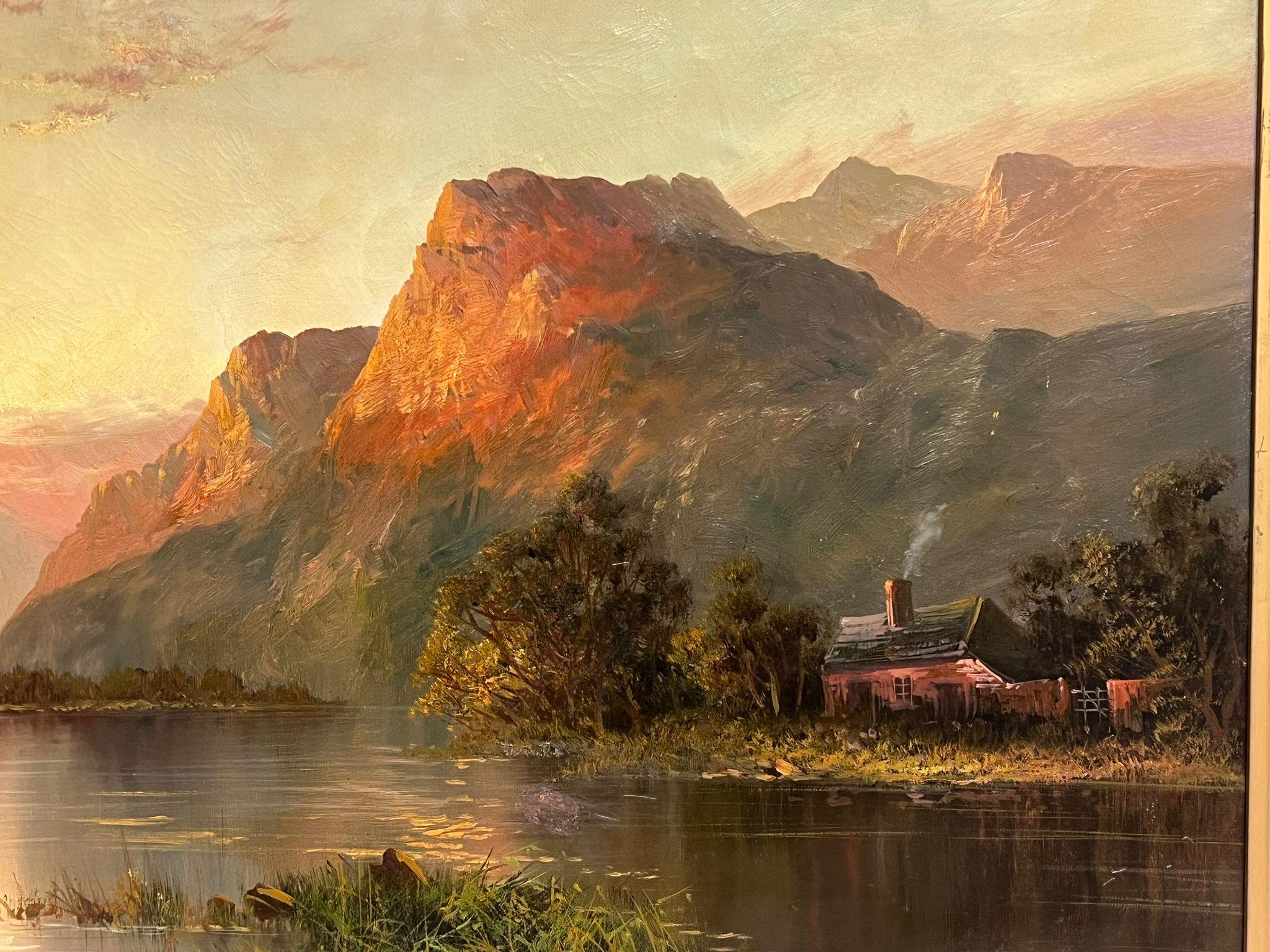 Maestoso tramonto sulle Highlands scozzesi con scena sul lago e cottage Olio antico 2