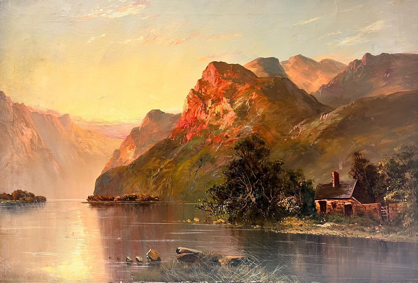 F. E. Jamieson Landscape Painting - Majestic Scottish Highlands Sunset over Loch Scene & Cottage Antique Oil