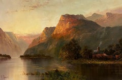 Majestic Scottish Highlands Sunset over Loch Scene & Cottage Antique Oil