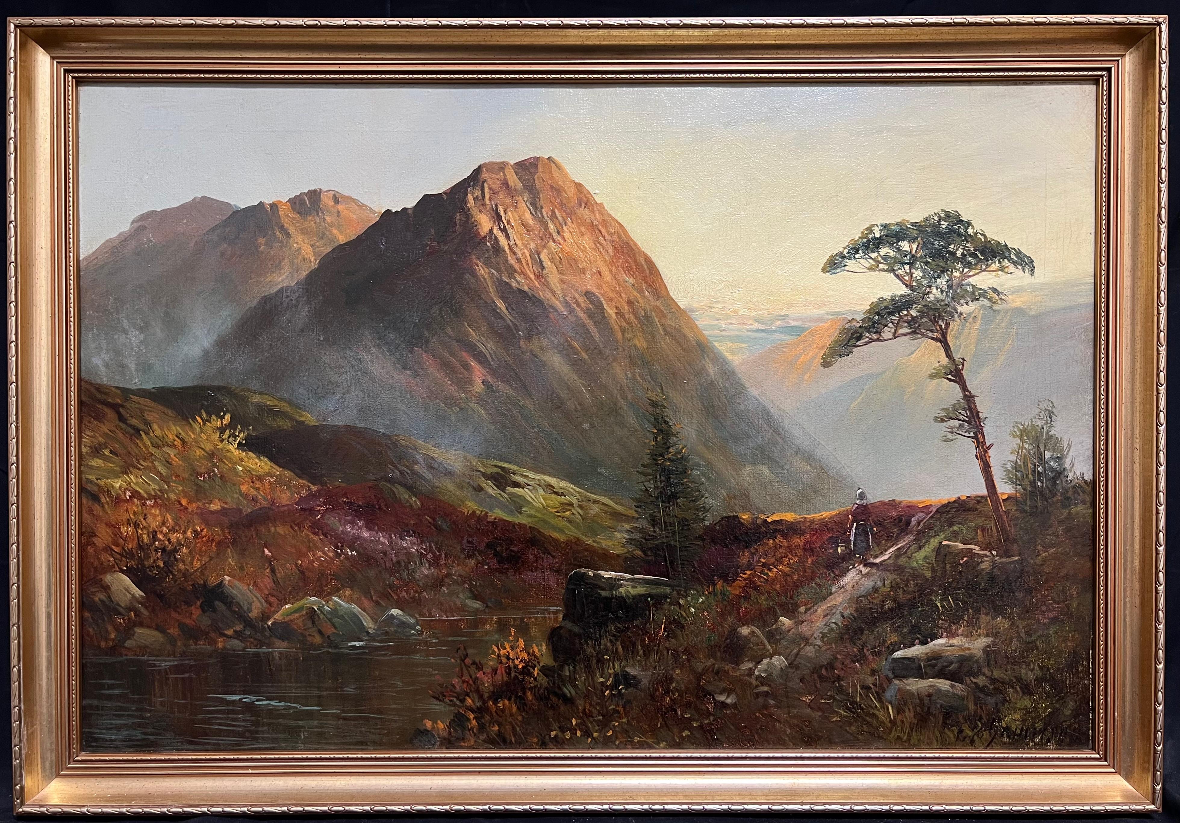 Cuadro al óleo antiguo de las Tierras Altas de Escocia Figura romántica al atardecer en una cañada de montaña - Painting de F. E. Jamieson