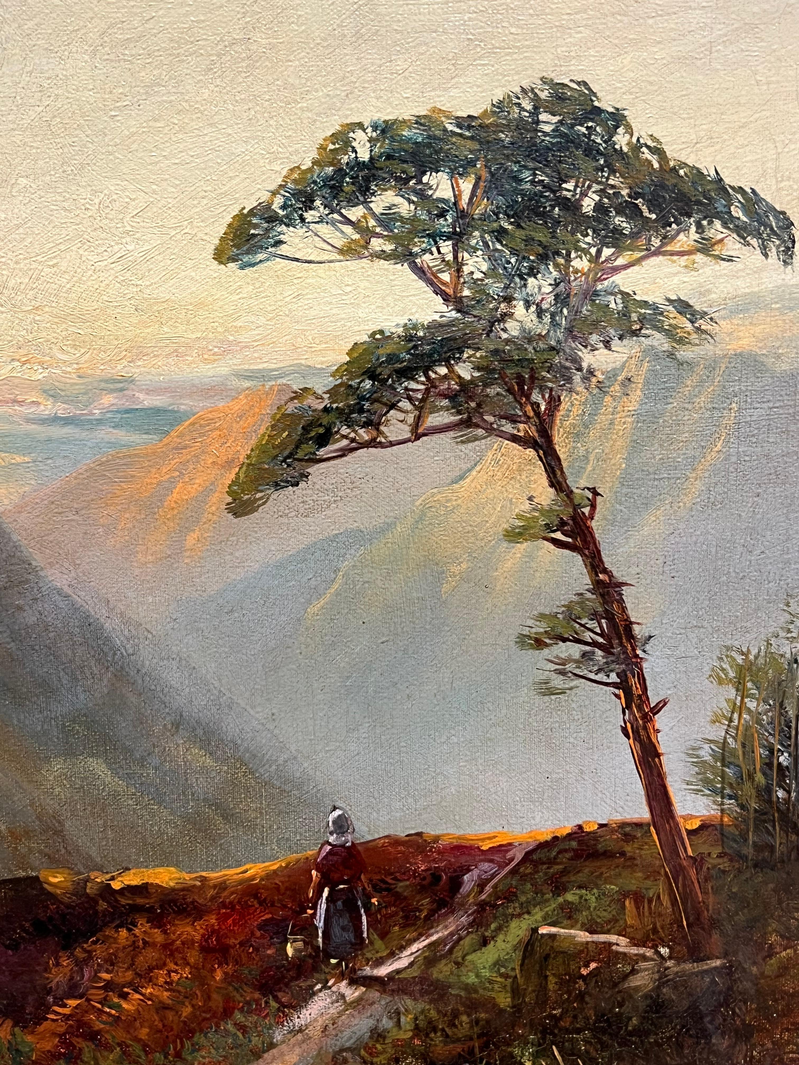 Cuadro al óleo antiguo de las Tierras Altas de Escocia Figura romántica al atardecer en una cañada de montaña - Painting Victoriano de F. E. Jamieson