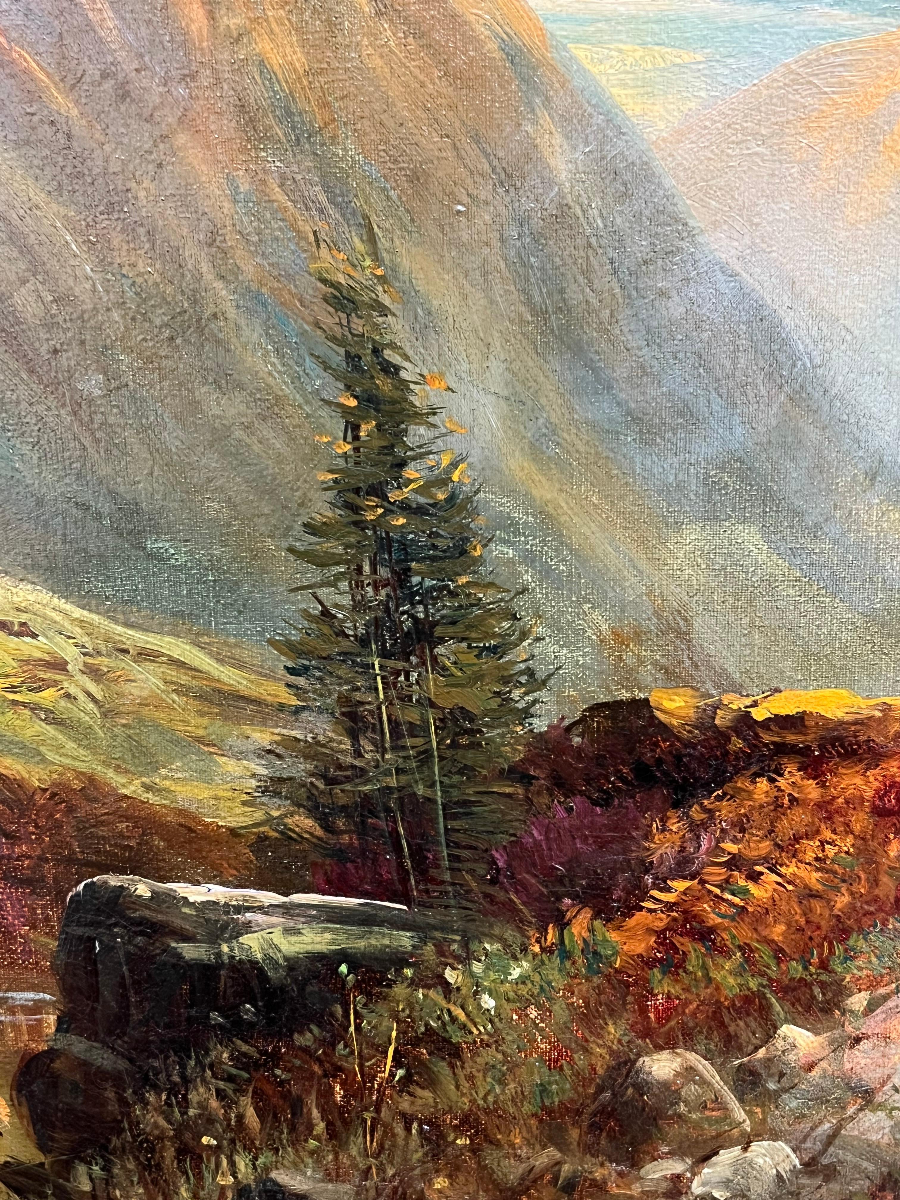 Cuadro al óleo antiguo de las Tierras Altas de Escocia Figura romántica al atardecer en una cañada de montaña - Landscape Painting Negro de F. E. Jamieson