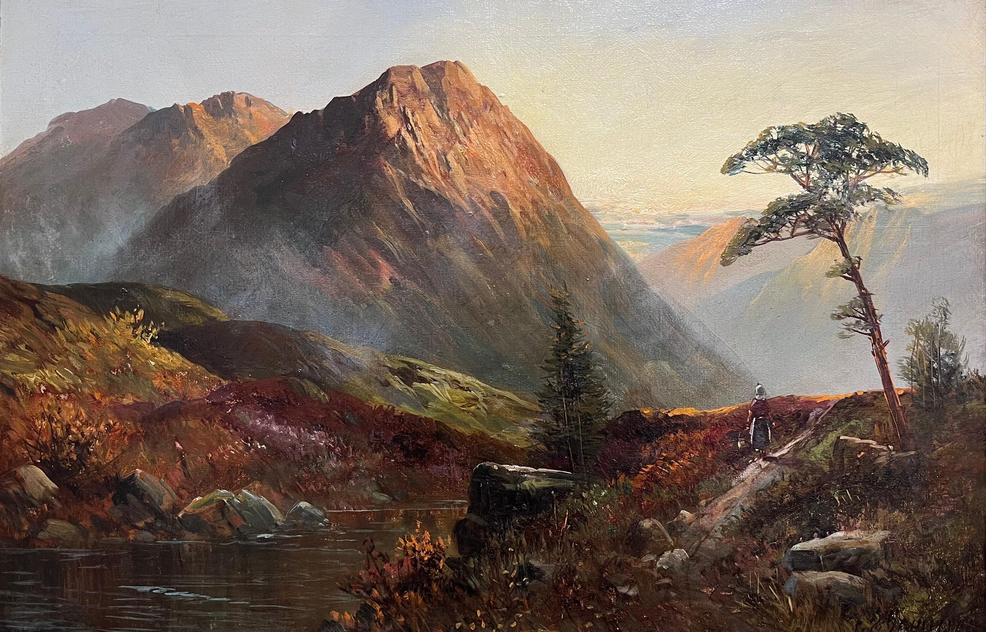 Landscape Painting de F. E. Jamieson - Cuadro al óleo antiguo de las Tierras Altas de Escocia Figura romántica al atardecer en una cañada de montaña