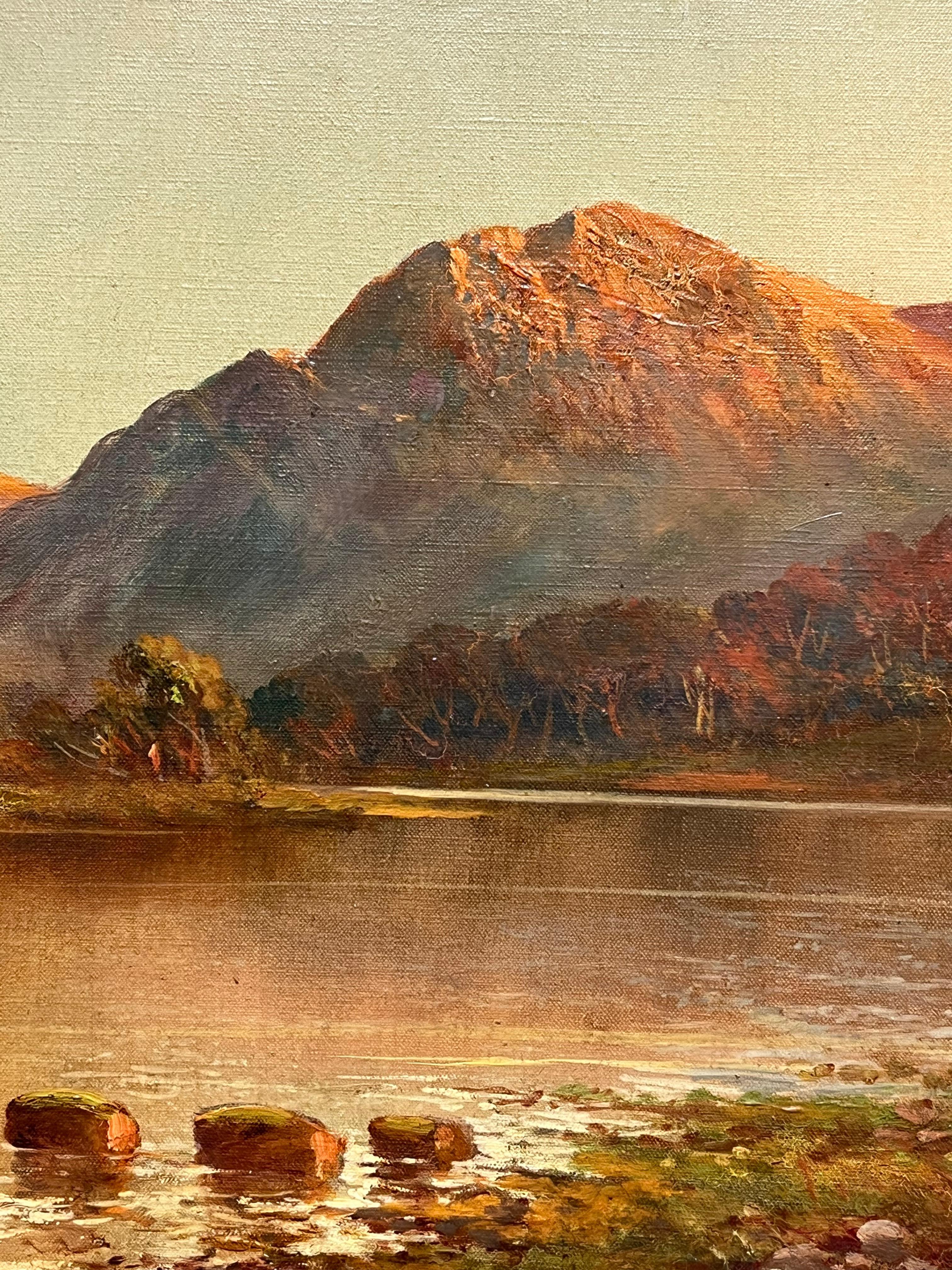 Atardecer en las Tierras Altas de Escocia Escena tradicional de un lago Pintura al óleo firmada en venta 5