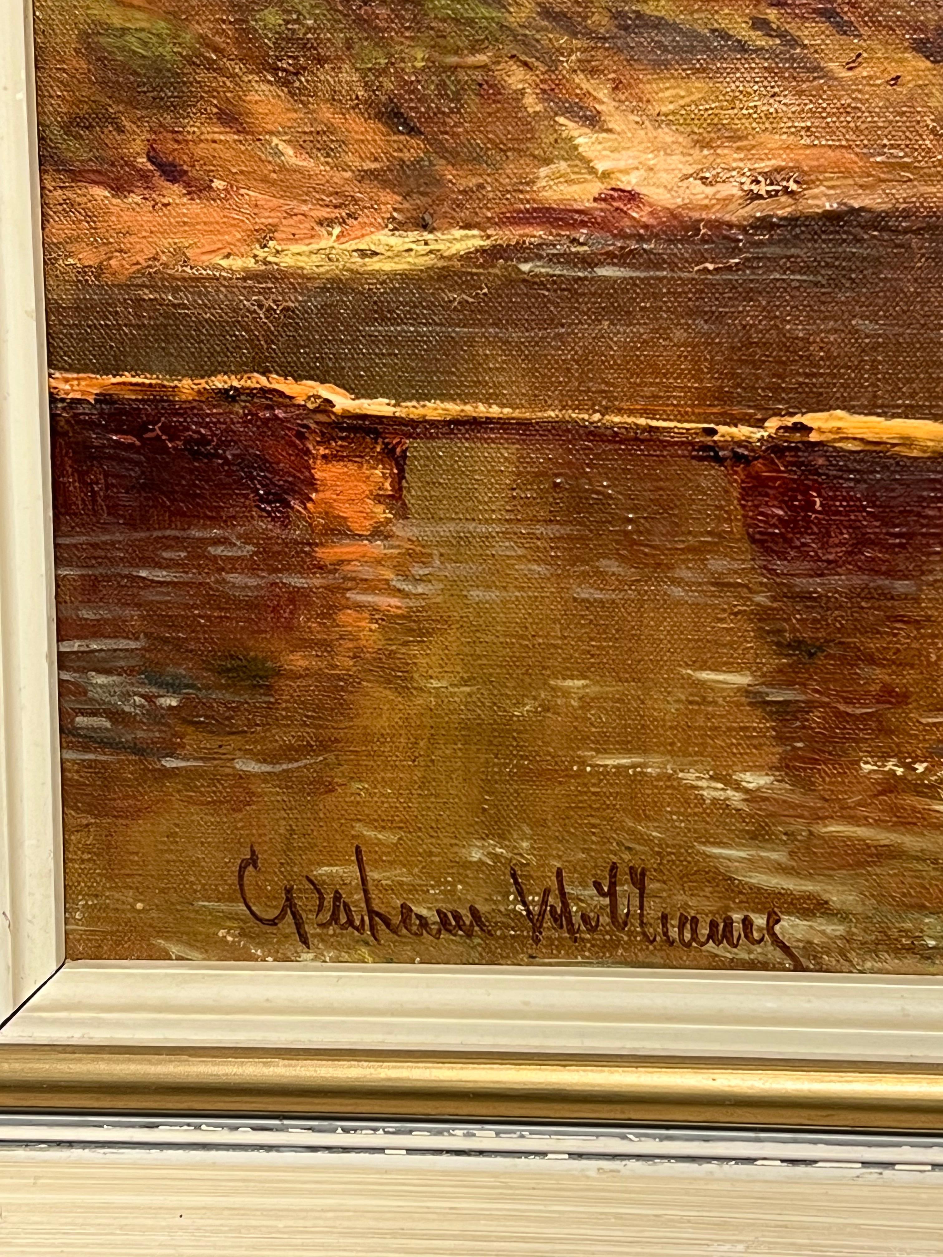 Atardecer en las Tierras Altas de Escocia Escena tradicional de un lago Pintura al óleo firmada en venta 6