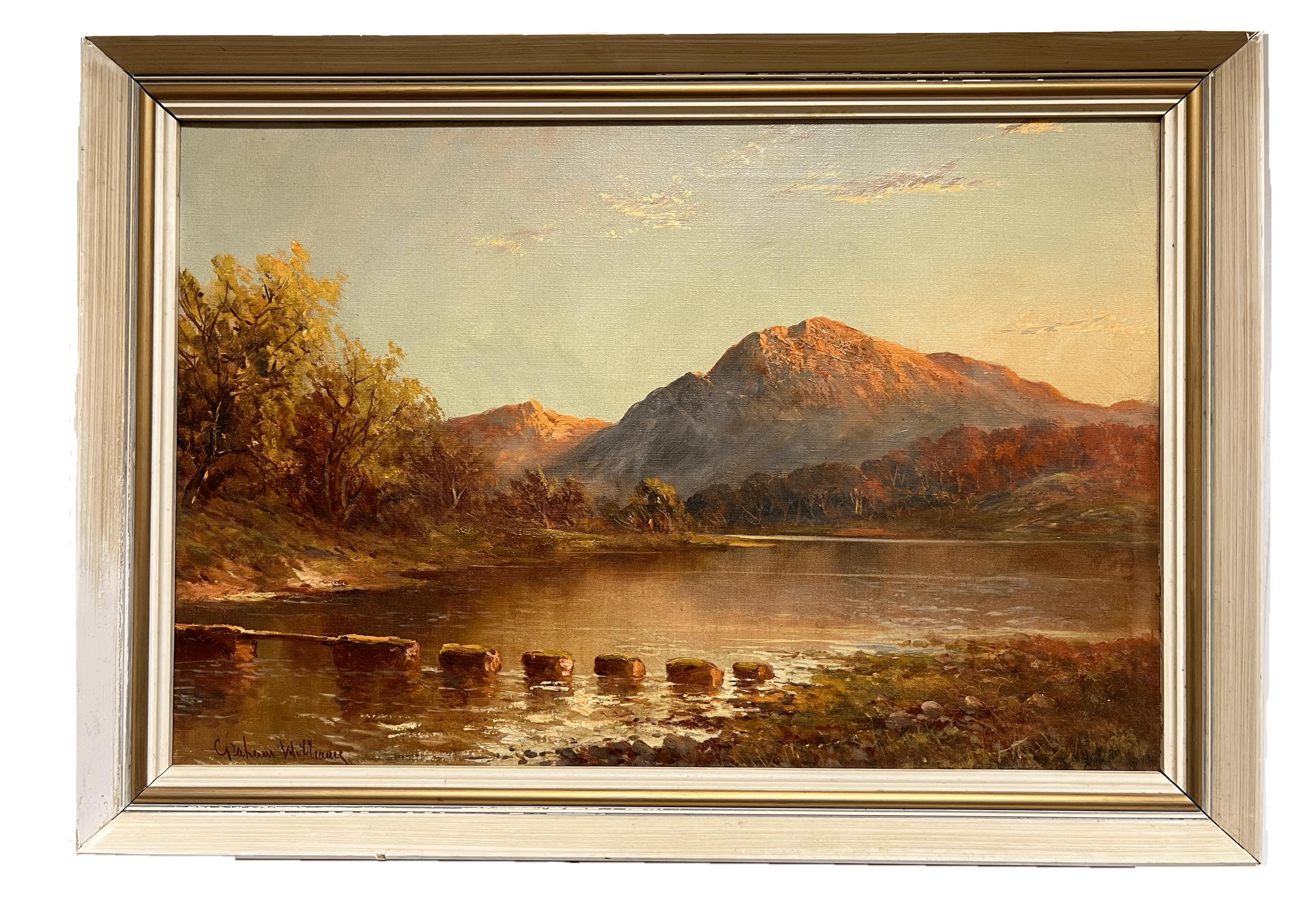 Atardecer en las Tierras Altas de Escocia Escena tradicional de un lago Pintura al óleo firmada - Painting de F. E. Jamieson