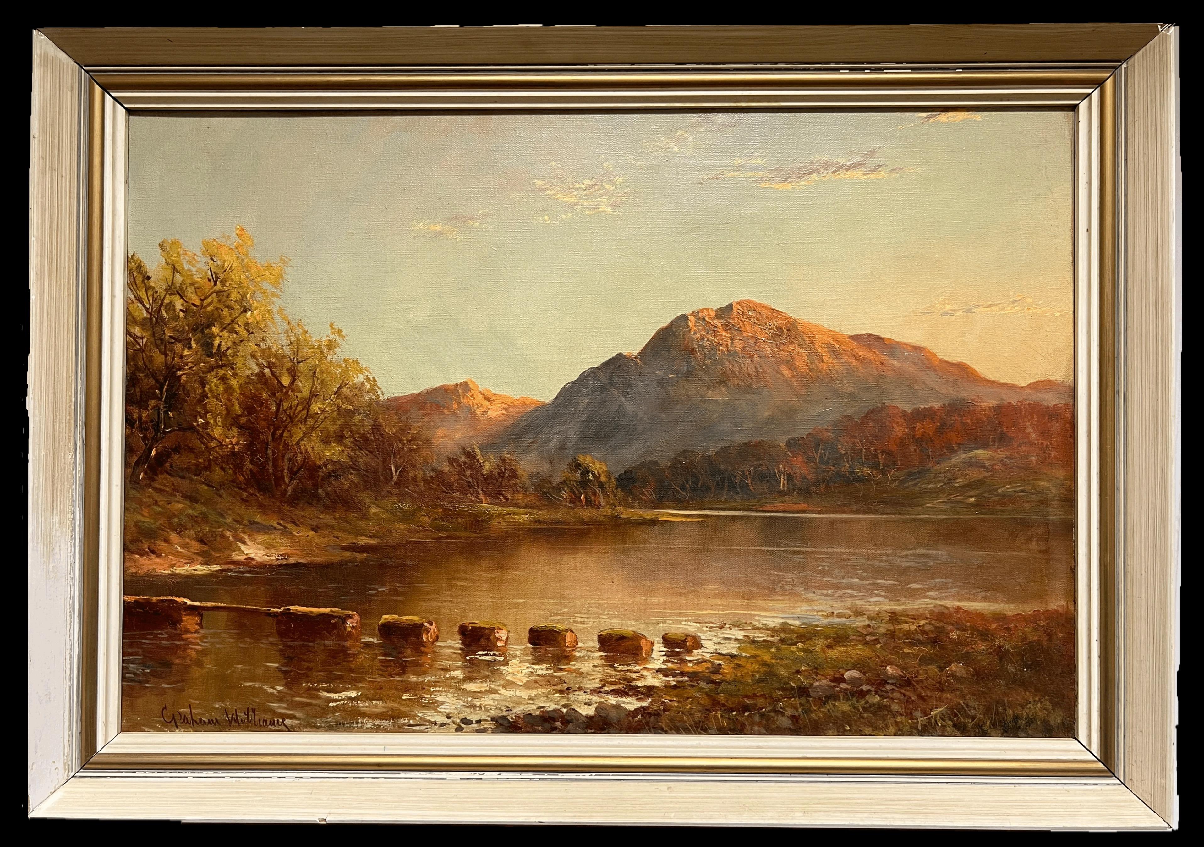 Atardecer en las Tierras Altas de Escocia Escena tradicional de un lago Pintura al óleo firmada - Landscape Painting Marrón de F. E. Jamieson