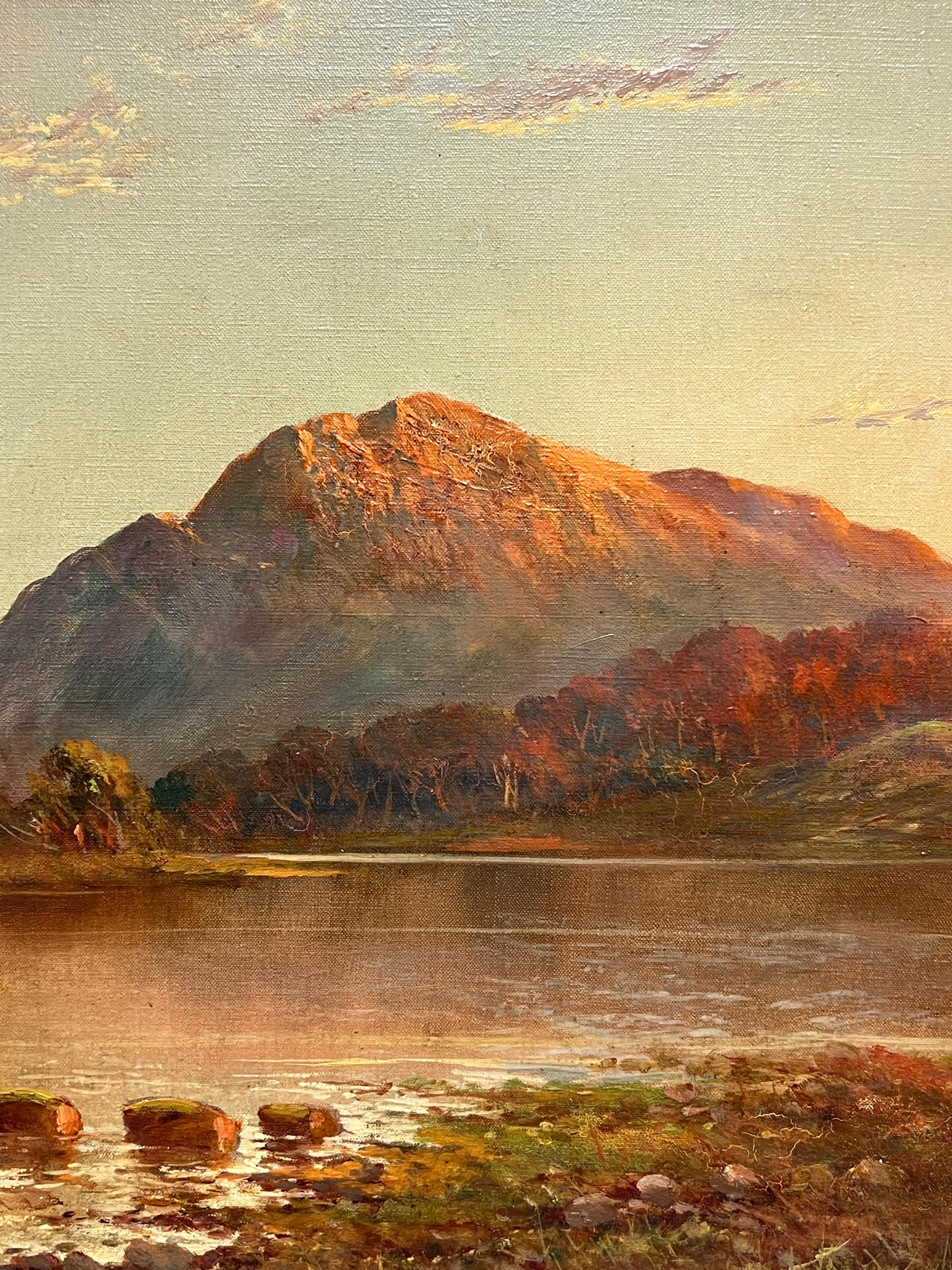 Atardecer en las Tierras Altas de Escocia Escena tradicional de un lago Pintura al óleo firmada en venta 2