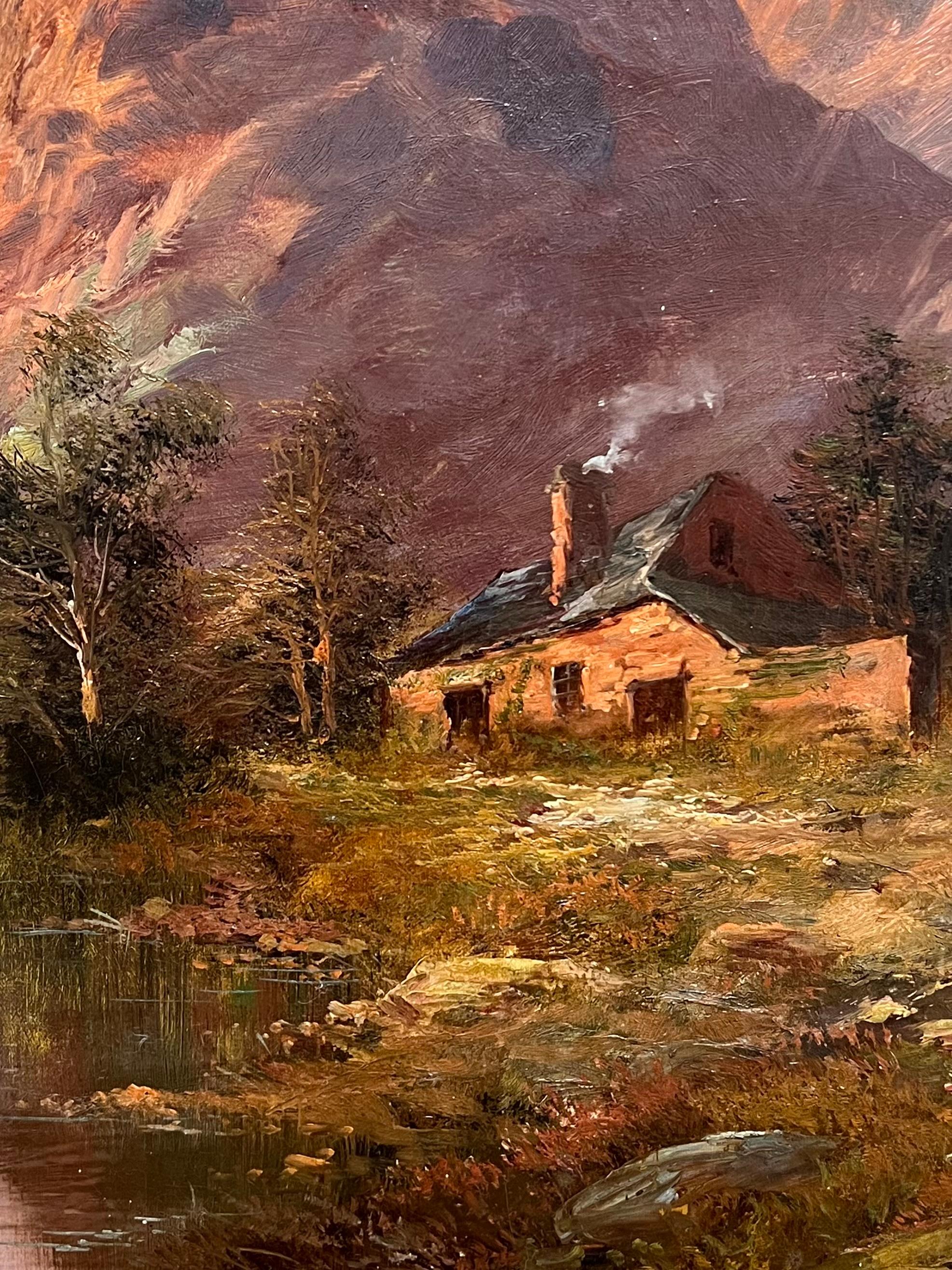 Sunset Antique Scottish Landscape Signed Oil Painting Cottage by Highland Loch For Sale 8