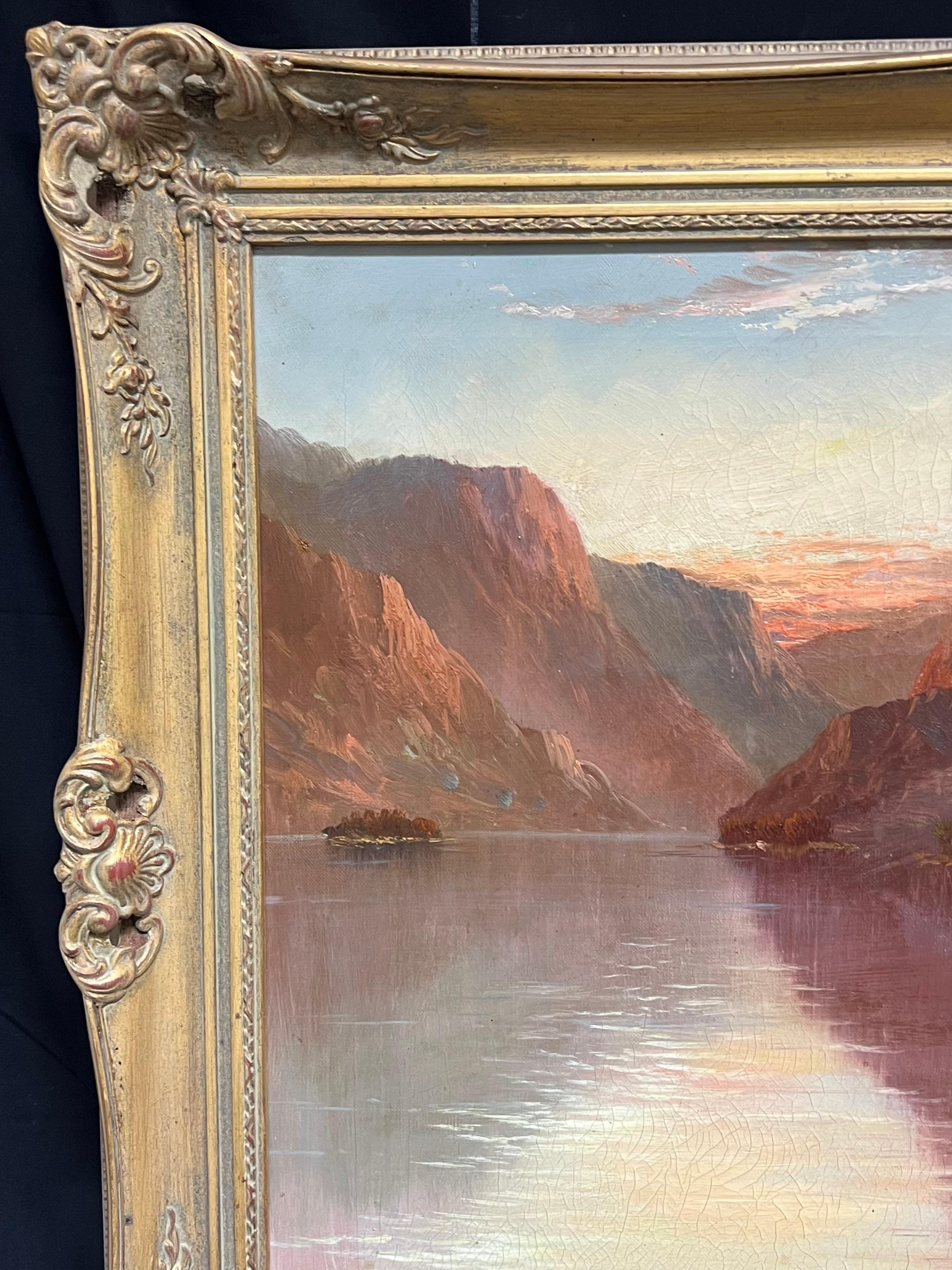 Sunset Antique Scottish Landscape Signed Oil Painting Cottage by Highland Loch For Sale 9