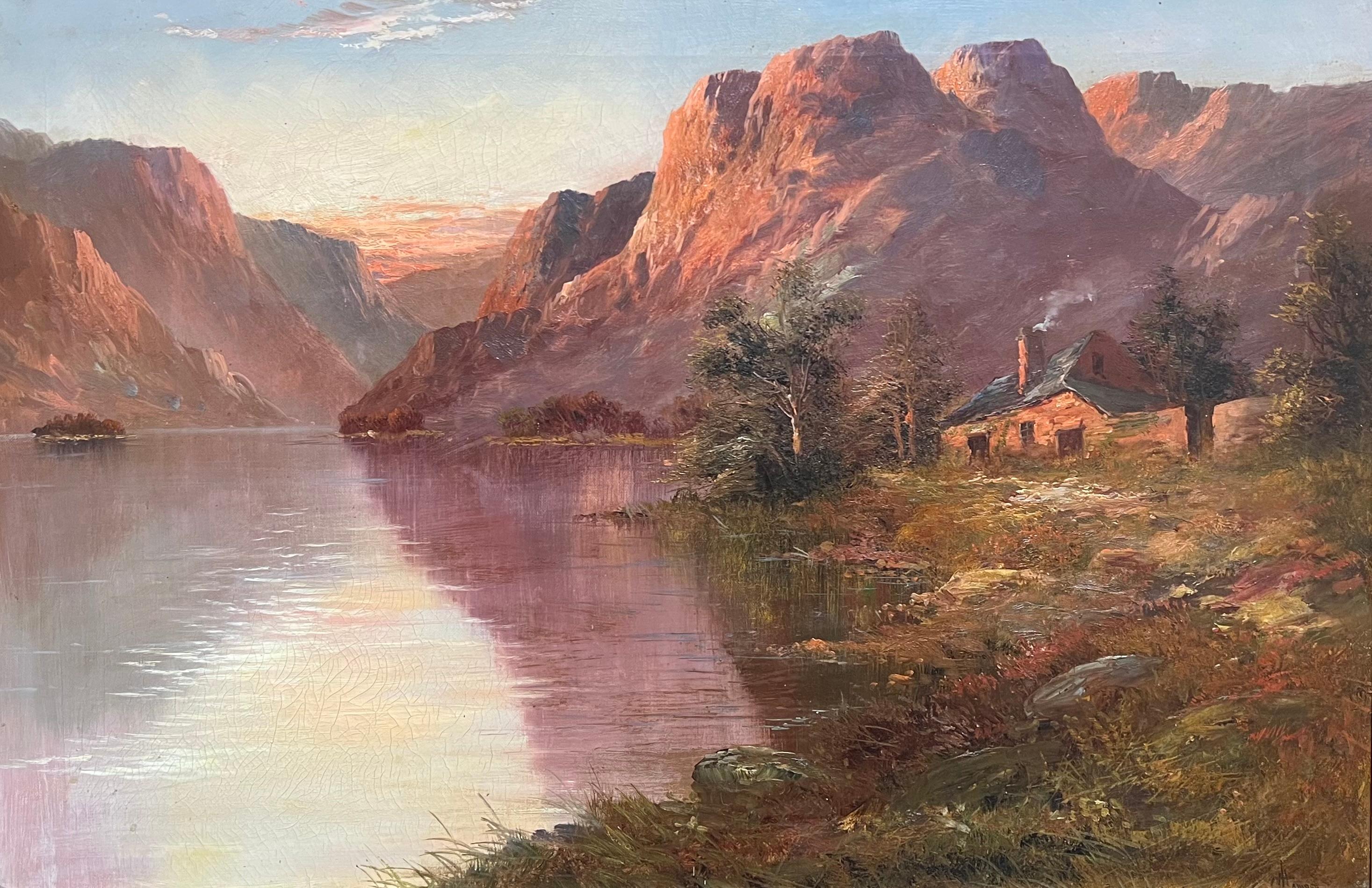 Sunset Antique Scottish Landscape Signed Oil Painting Cottage by Highland Loch - Brown Figurative Painting by F. E. Jamieson