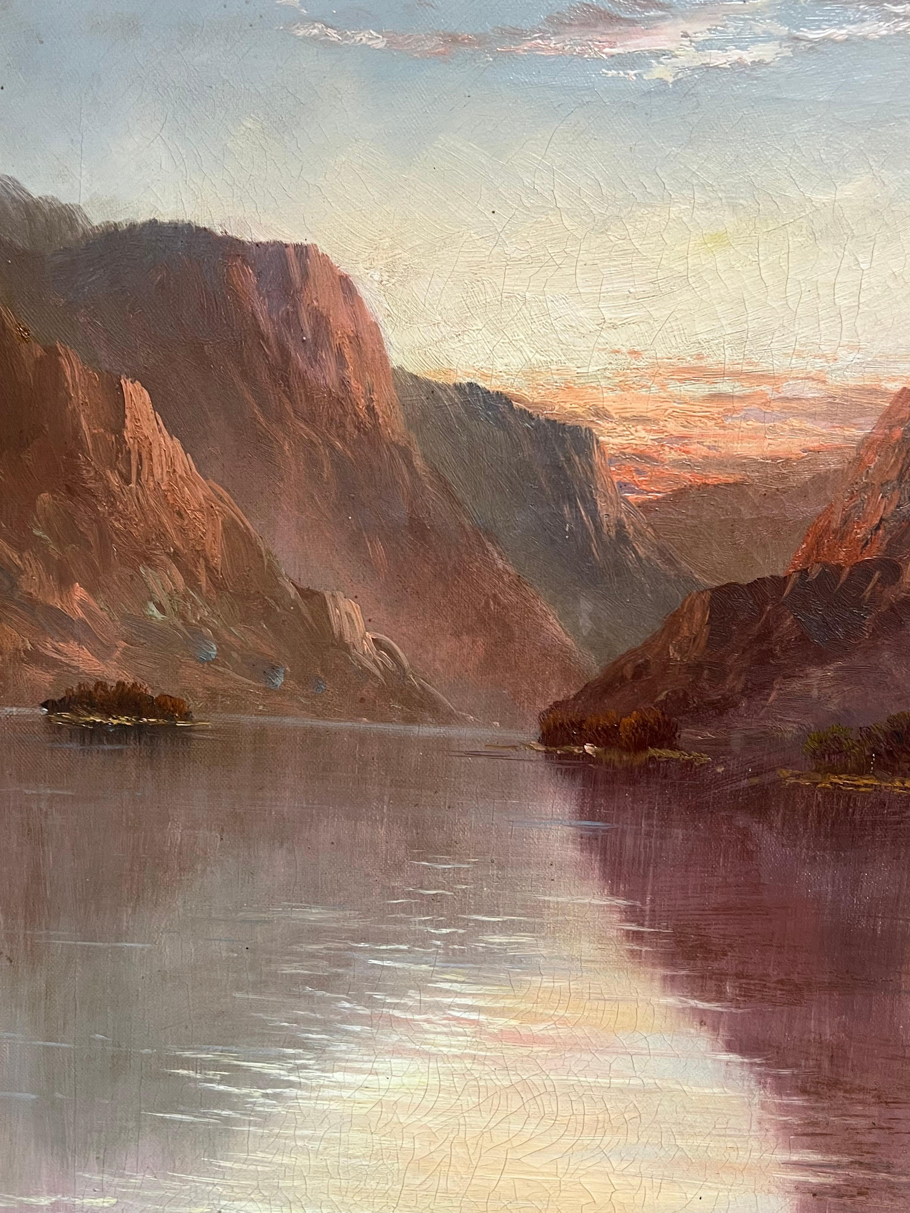 Sunset Antique Scottish Landscape Signed Oil Painting Cottage by Highland Loch For Sale 1