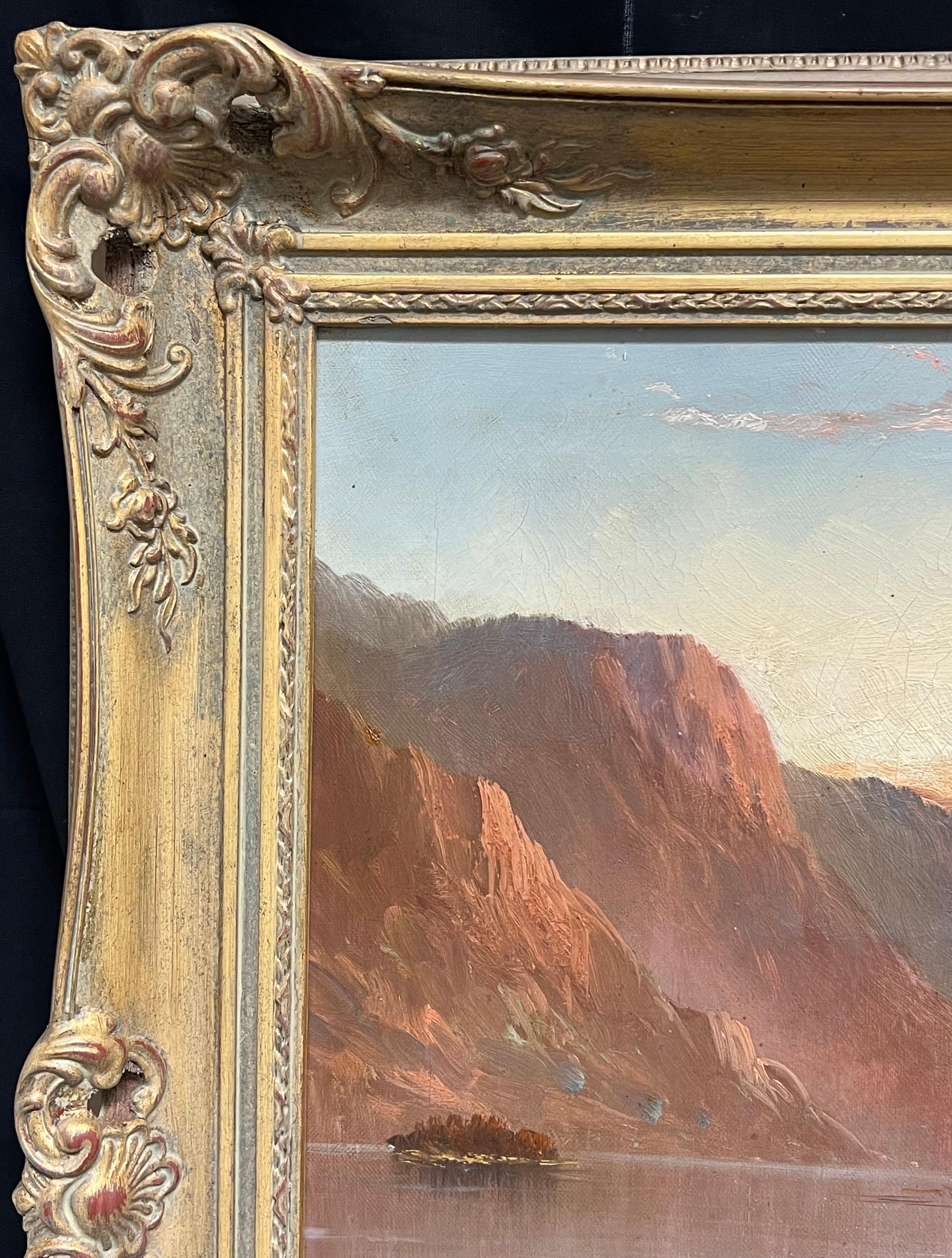 Sunset Antique Scottish Landscape Signed Oil Painting Cottage by Highland Loch For Sale 2