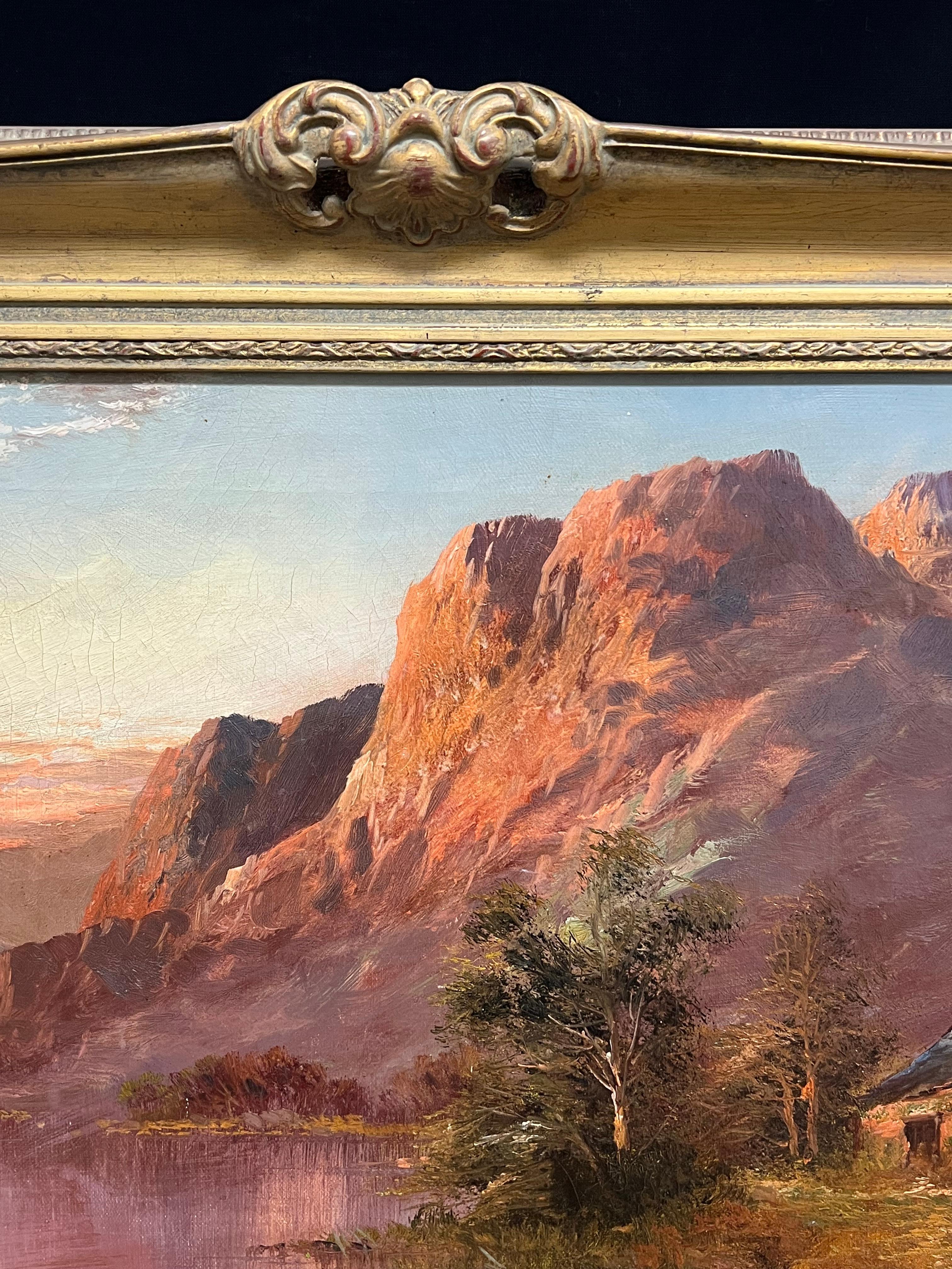 Sunset Antique Scottish Landscape Signed Oil Painting Cottage by Highland Loch For Sale 3