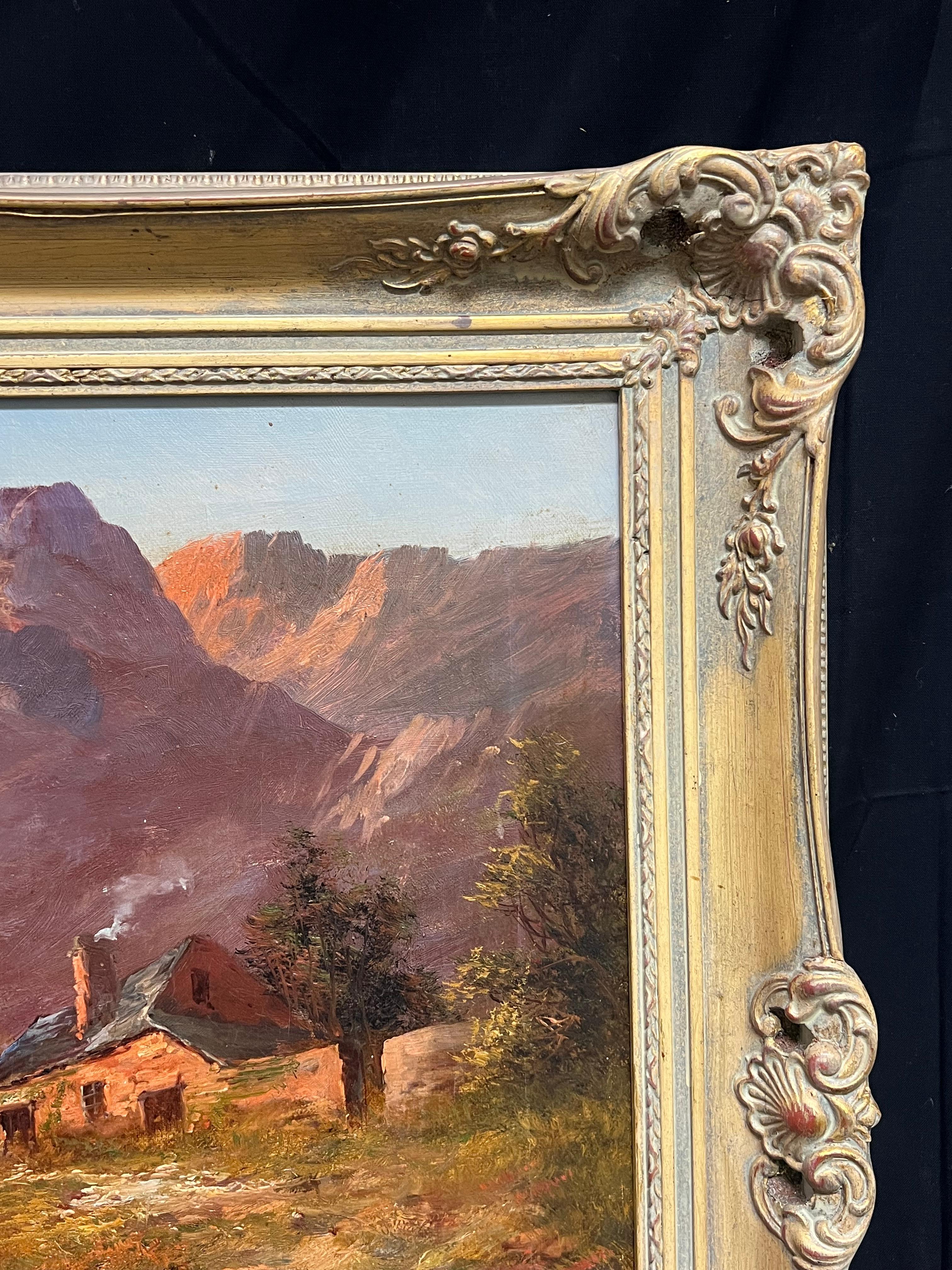 Sunset Antique Scottish Landscape Signed Oil Painting Cottage by Highland Loch For Sale 4